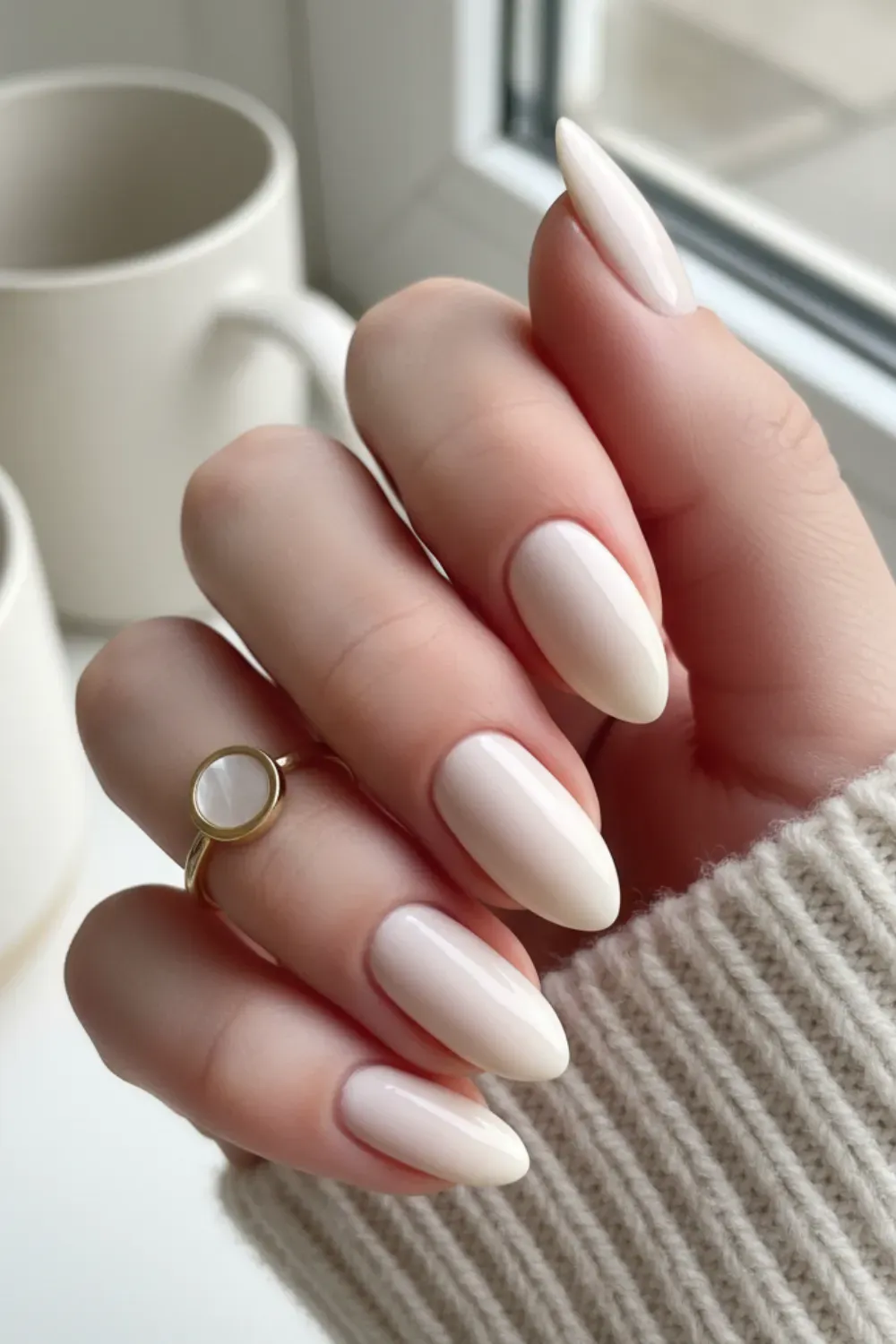 Creamy Opaque Oval Milky Nails - Mid-length oval nails coated in a smooth, creamy ivory or off-white milky polish with a glossy finish.