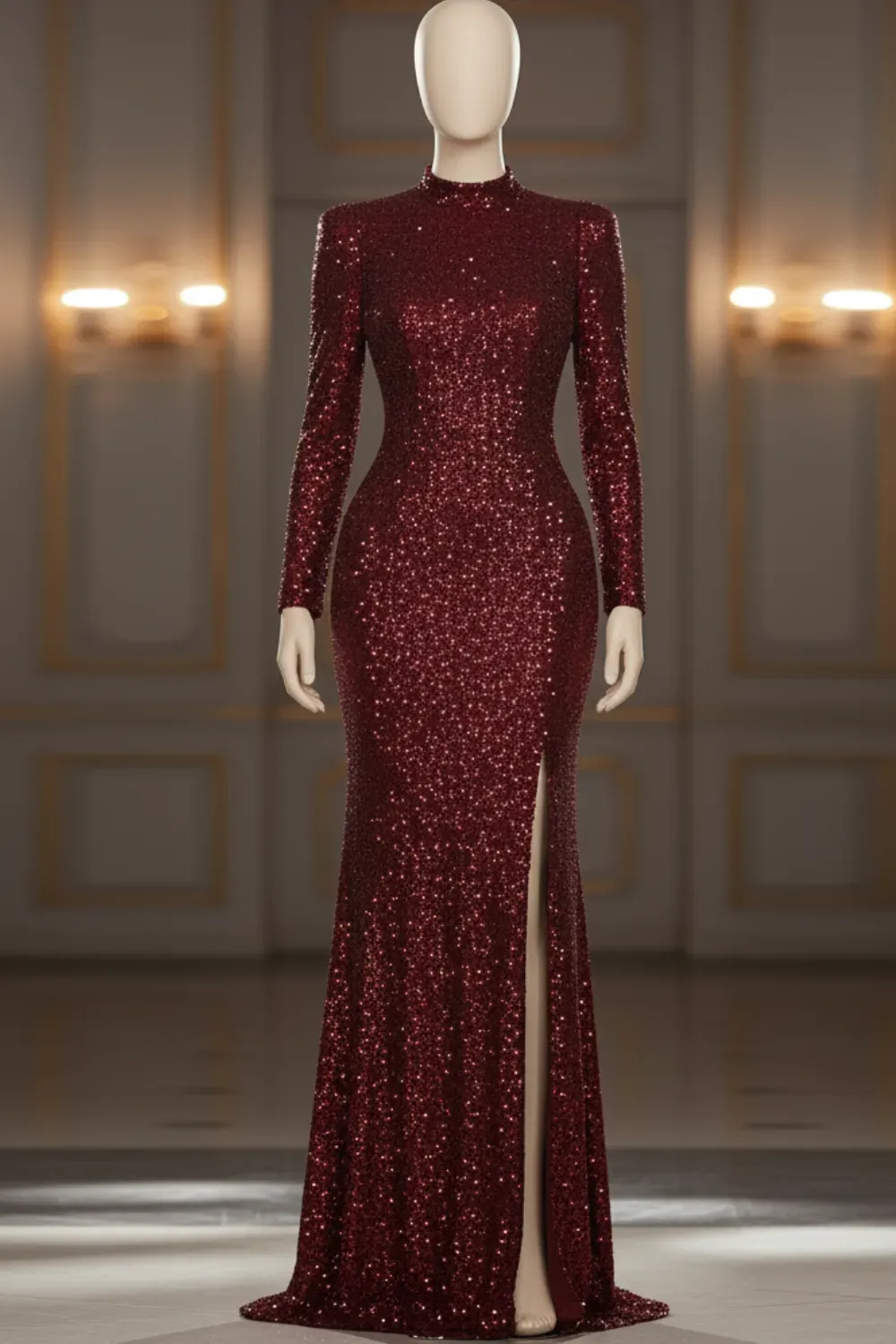 Long-Sleeved Burgundy Sequin Bodycon Gown on Mannequin - Full-length mannequin wearing a long-sleeved, high-neck burgundy sequined bodycon gown with a thigh-high slit, set against a luxurious interior background.