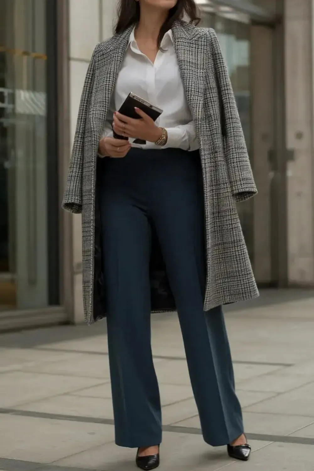 Plaid Coat and Teal Trousers  - A woman standing outside wearing a white button-down shirt, teal wide-leg trousers, black flats, and a grey plaid long coat draped over her shoulders, holding a black tablet.