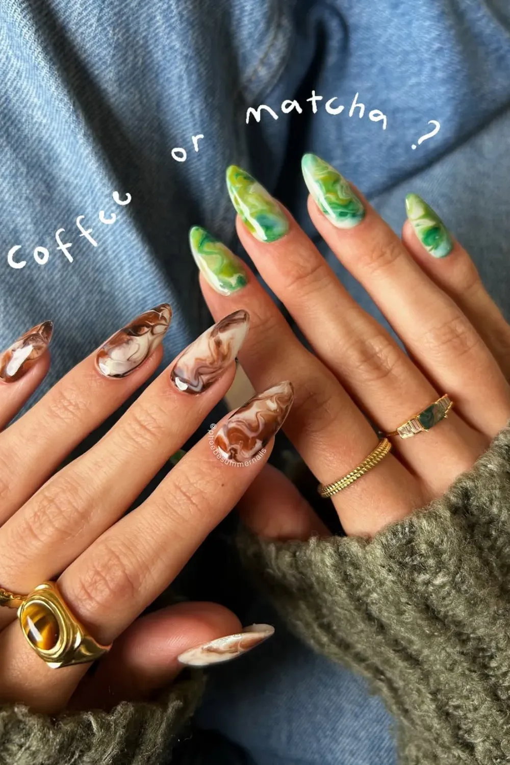 Coffee and Matcha Swirl Marble Nails	Stiletto nails with a high-contrast marble design using white, brown, and green polish.