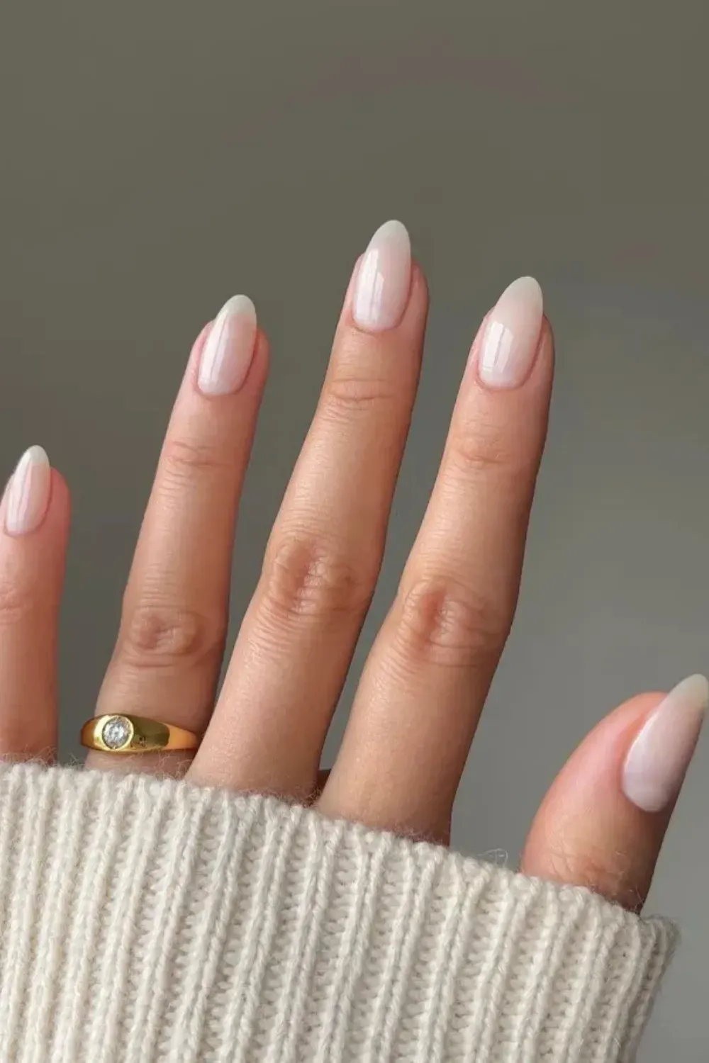 Translucent White Milky Almond Manicure - Very sheer, translucent milky white polish on long, pointy almond-shaped nails