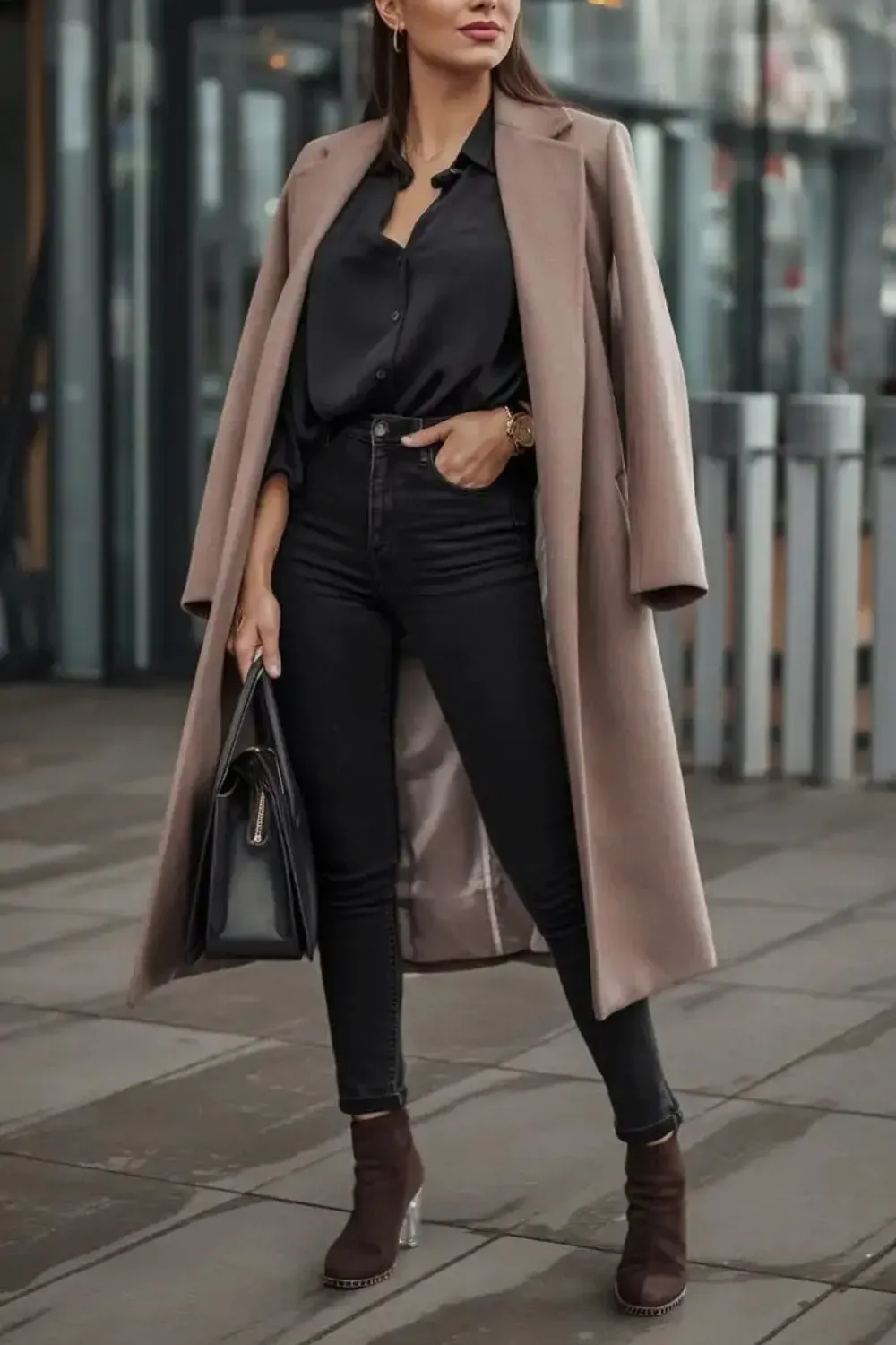 Black and Beige Layered for Autumn - A woman posing outside wearing a black silk button-down shirt, black skinny jeans, brown heeled ankle boots, and a warm beige long coat draped over her shoulders, holding a black tote bag.