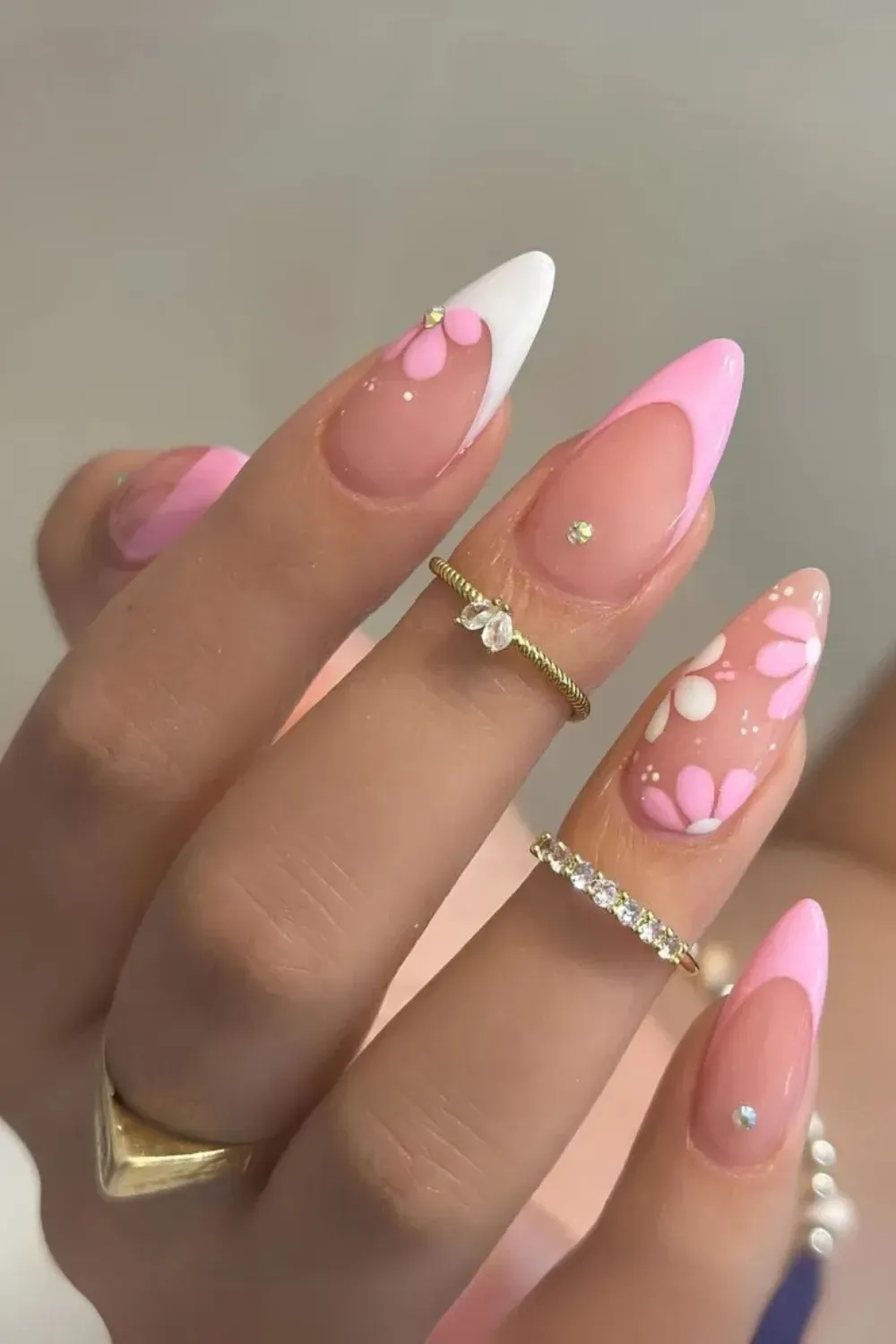 Pink & White Floral French Nails