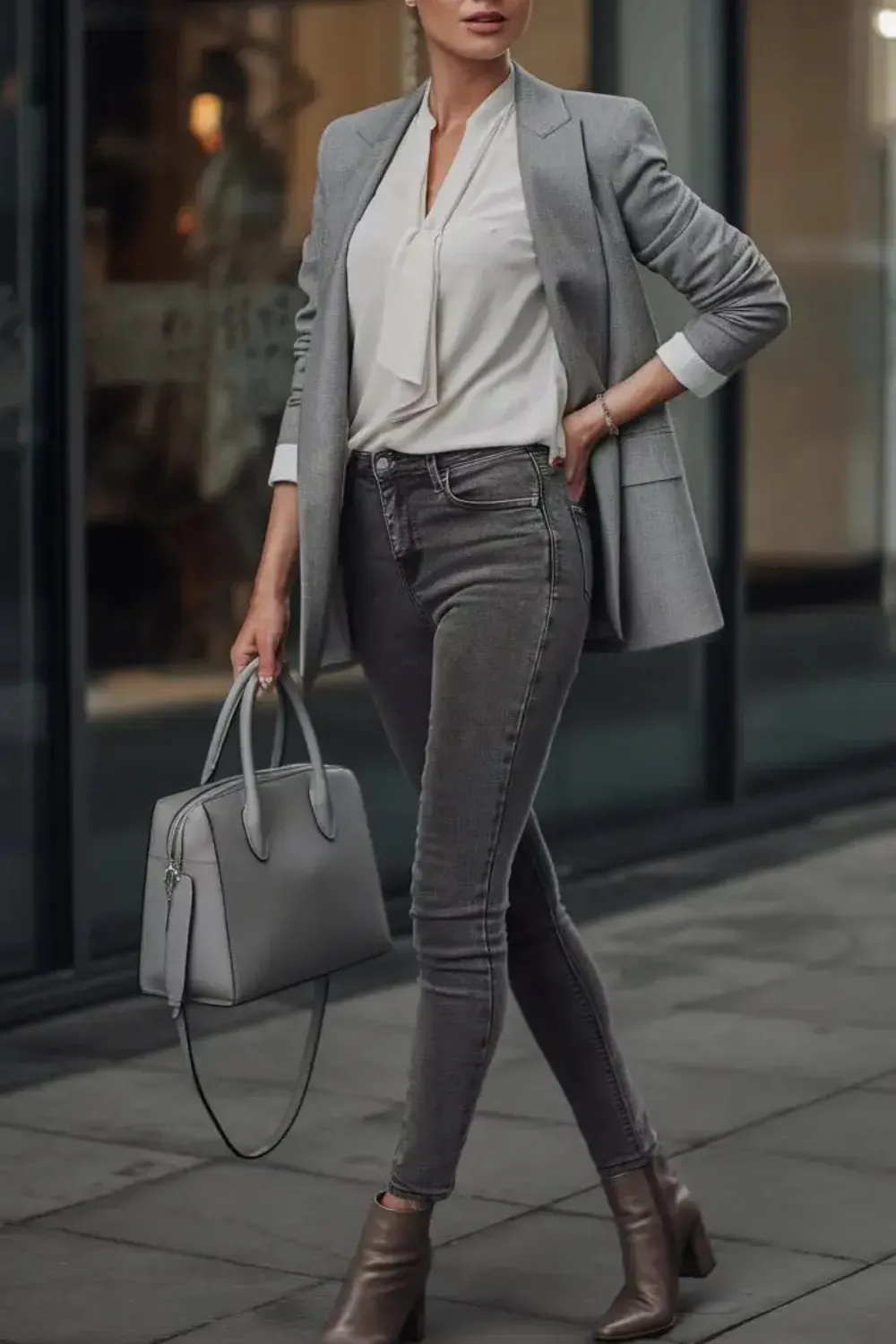 Grey Monochromatic with Blazer - A woman standing outside wearing a white tie-neck blouse, grey skinny jeans, grey ankle boots, a light grey blazer, and holding a structured grey duffel handbag.