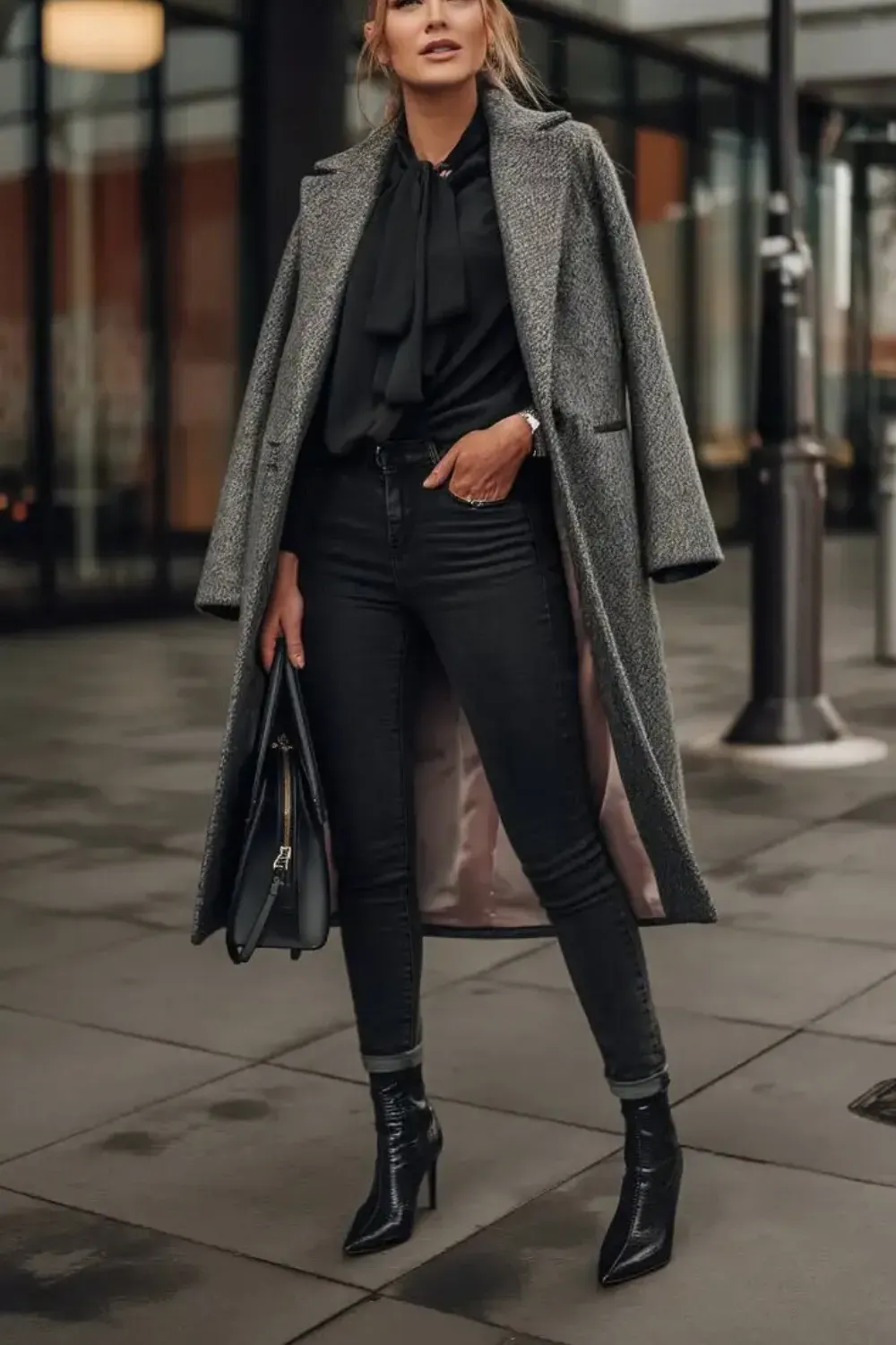 Textured Tweed and All Black Base  - A woman standing on a sidewalk, wearing a black pussy-bow blouse, black skinny jeans, black pointed ankle boots, and a grey tweed long coat draped over her shoulders, holding a black tote bag.