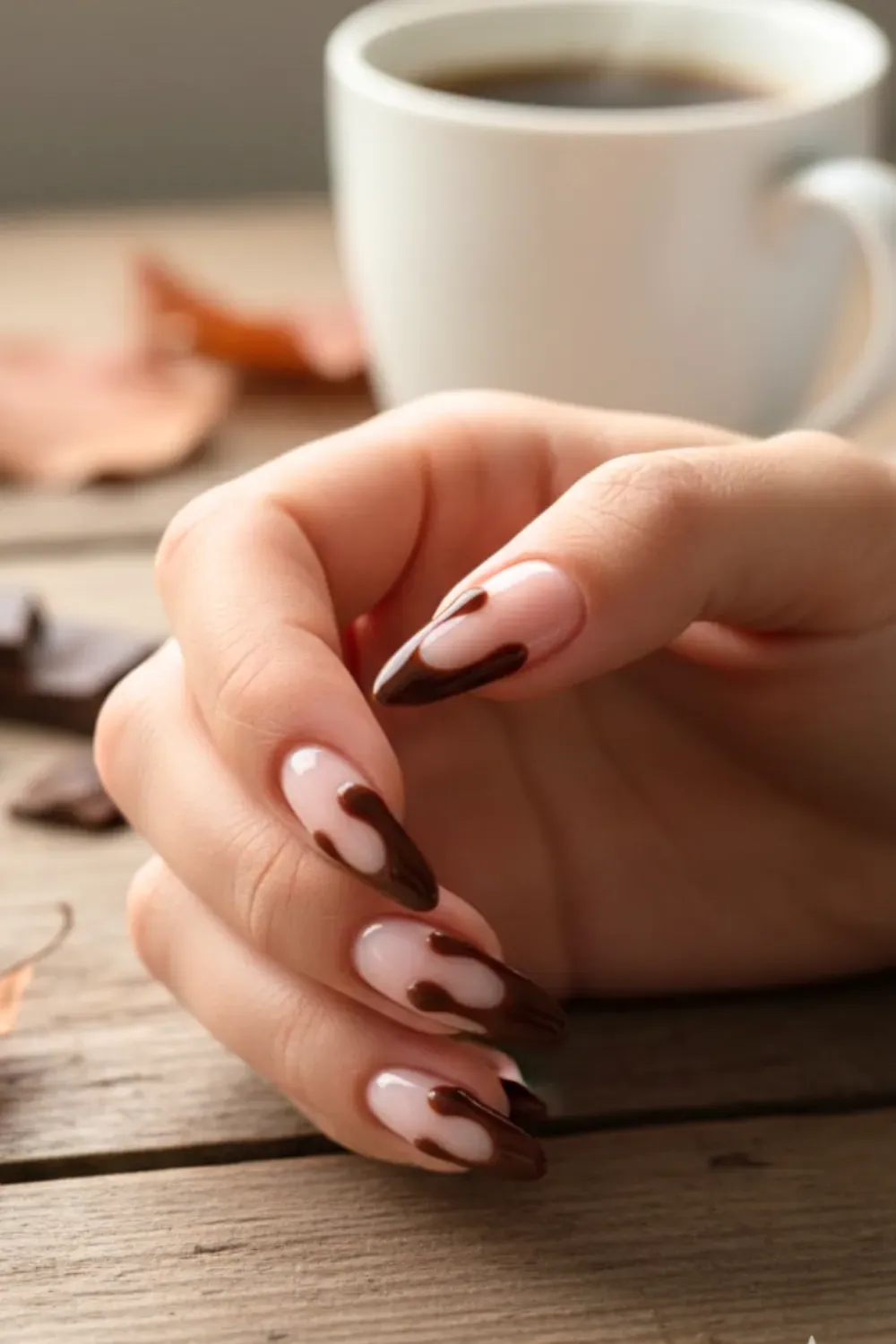 Chocolate Drip Nails - Playful chocolate drip design on brown nails, with a dripping chocolate effect at the tips for a fun, artistic look