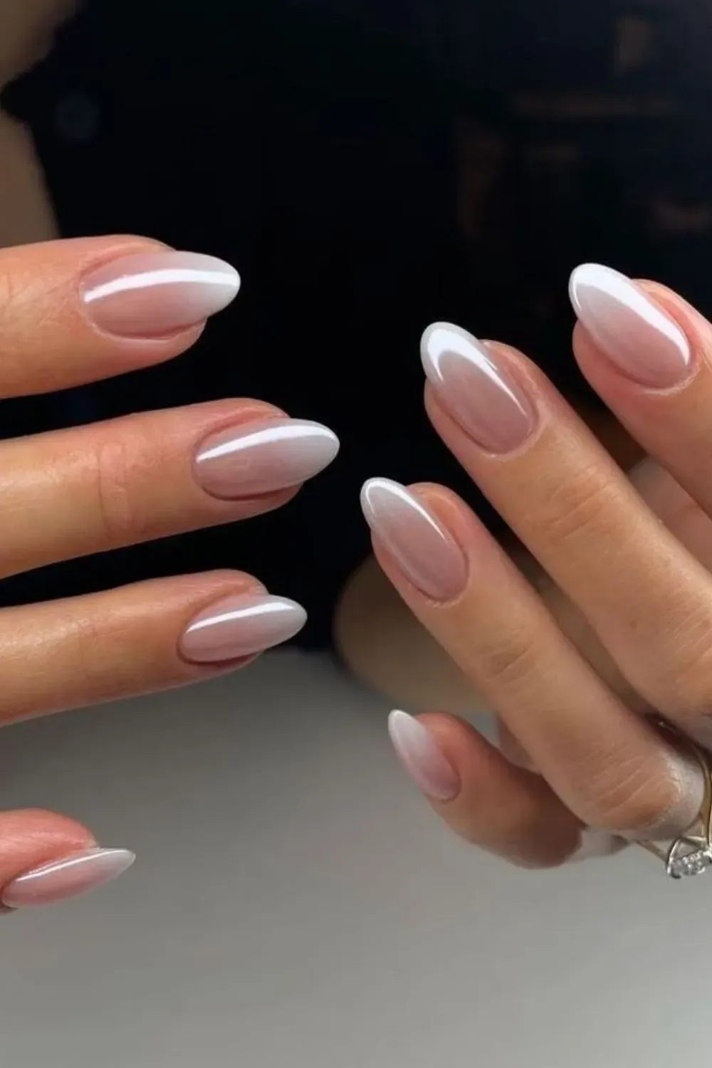 White Chrome Ombre Nails - Chrome white almond nails with a soft fade