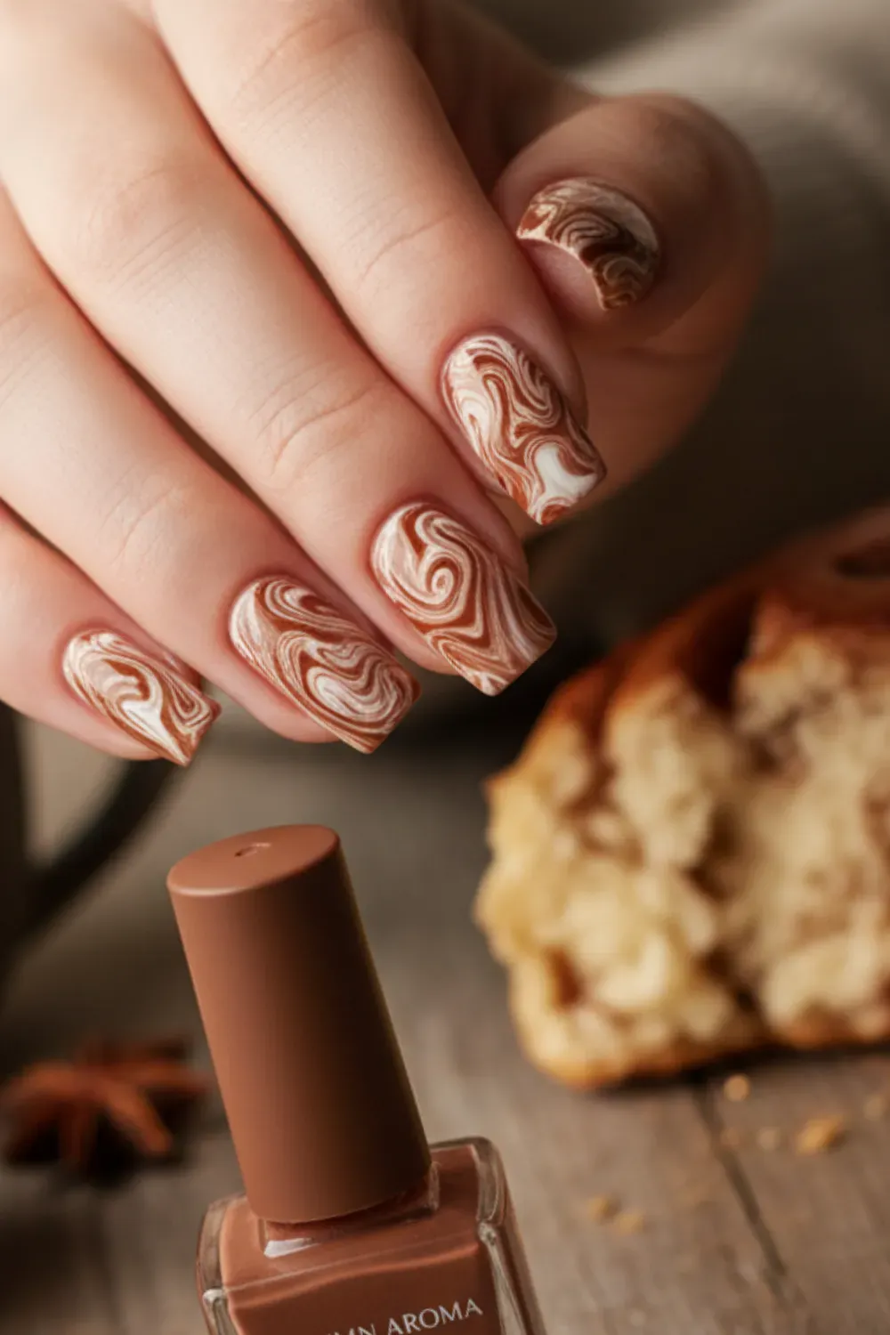 Cinnamon Swirl Nails - Marbled cinnamon brown and cream nails that resemble the cozy warmth of fall baking, perfect for the autumn season
