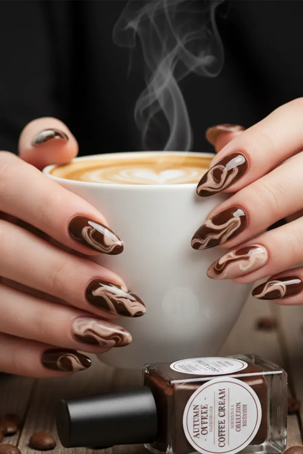 Coffee & Cream Nails - Dark brown nails with creamy beige accents, creating a coffee-inspired design that’s both chic and sophisticated