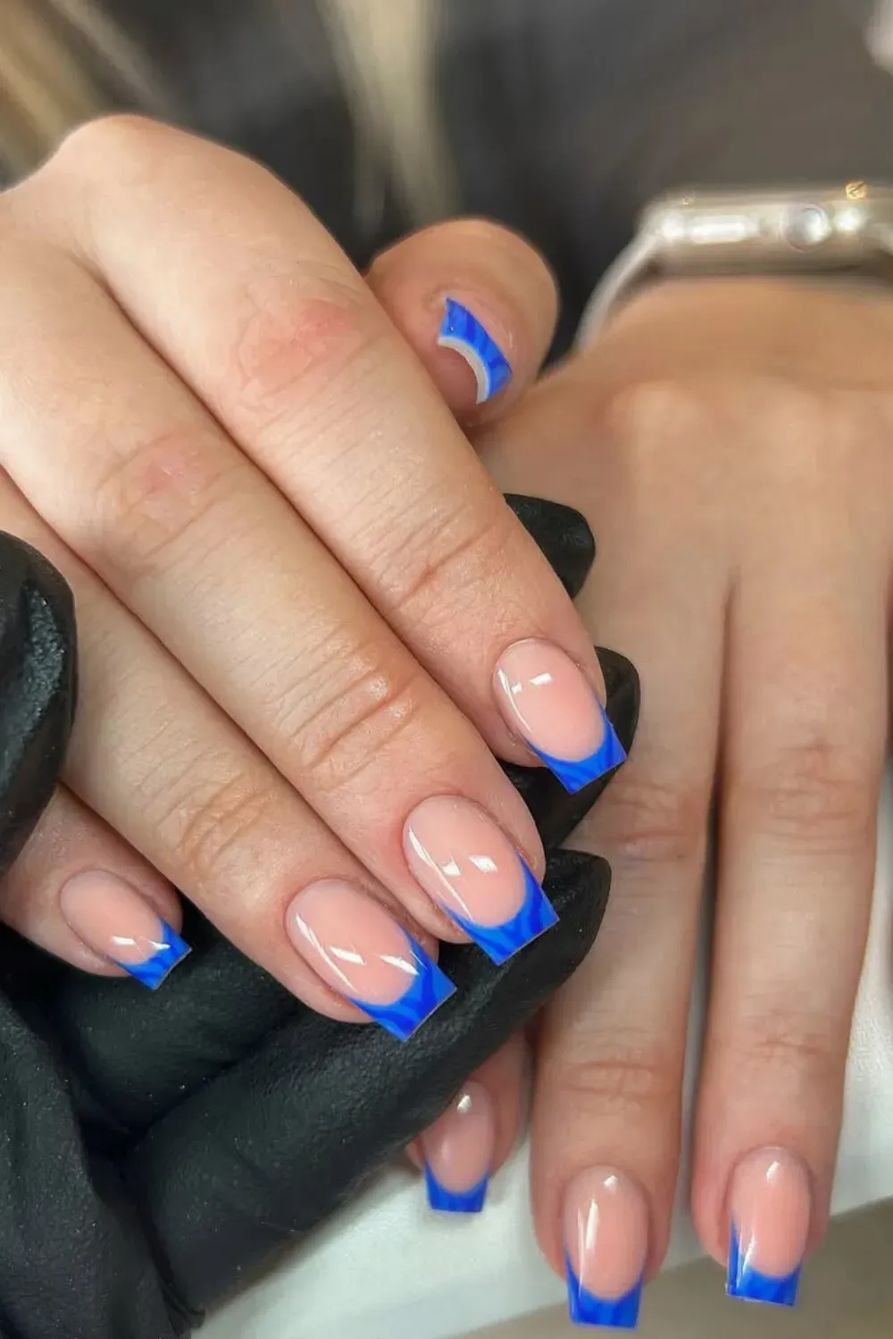Electric Blue French Manicure Square Nails Square-shaped nails with a natural pink base and vibrant electric blue French tips.