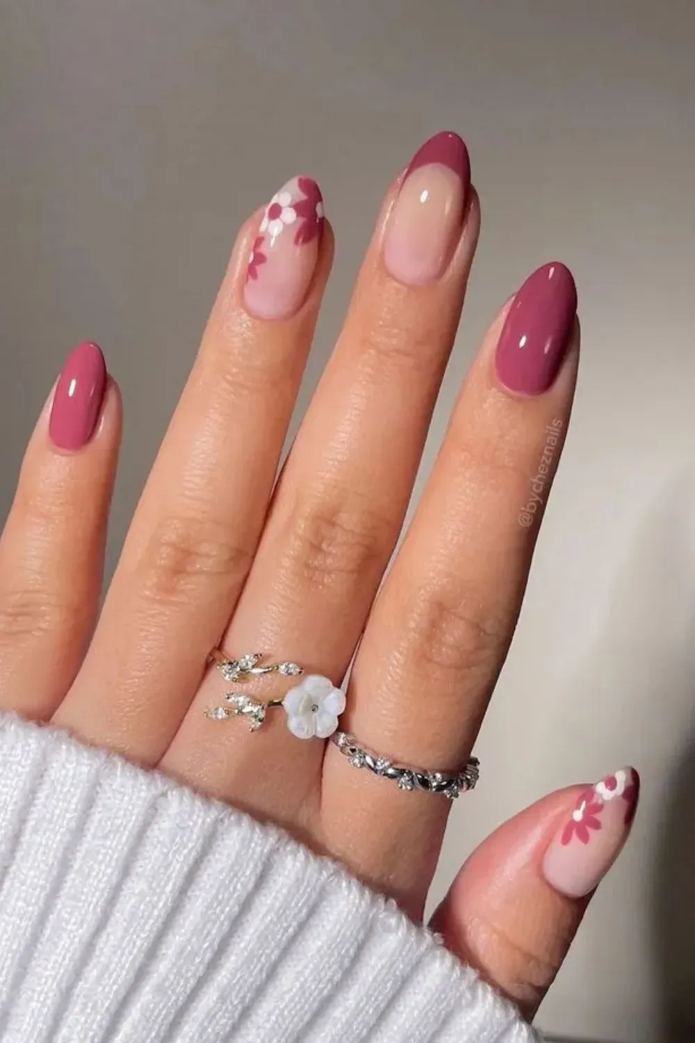 Daisy Tip French Manicure with Floral Accents - Floral French manicure featuring daisy details and pink tones