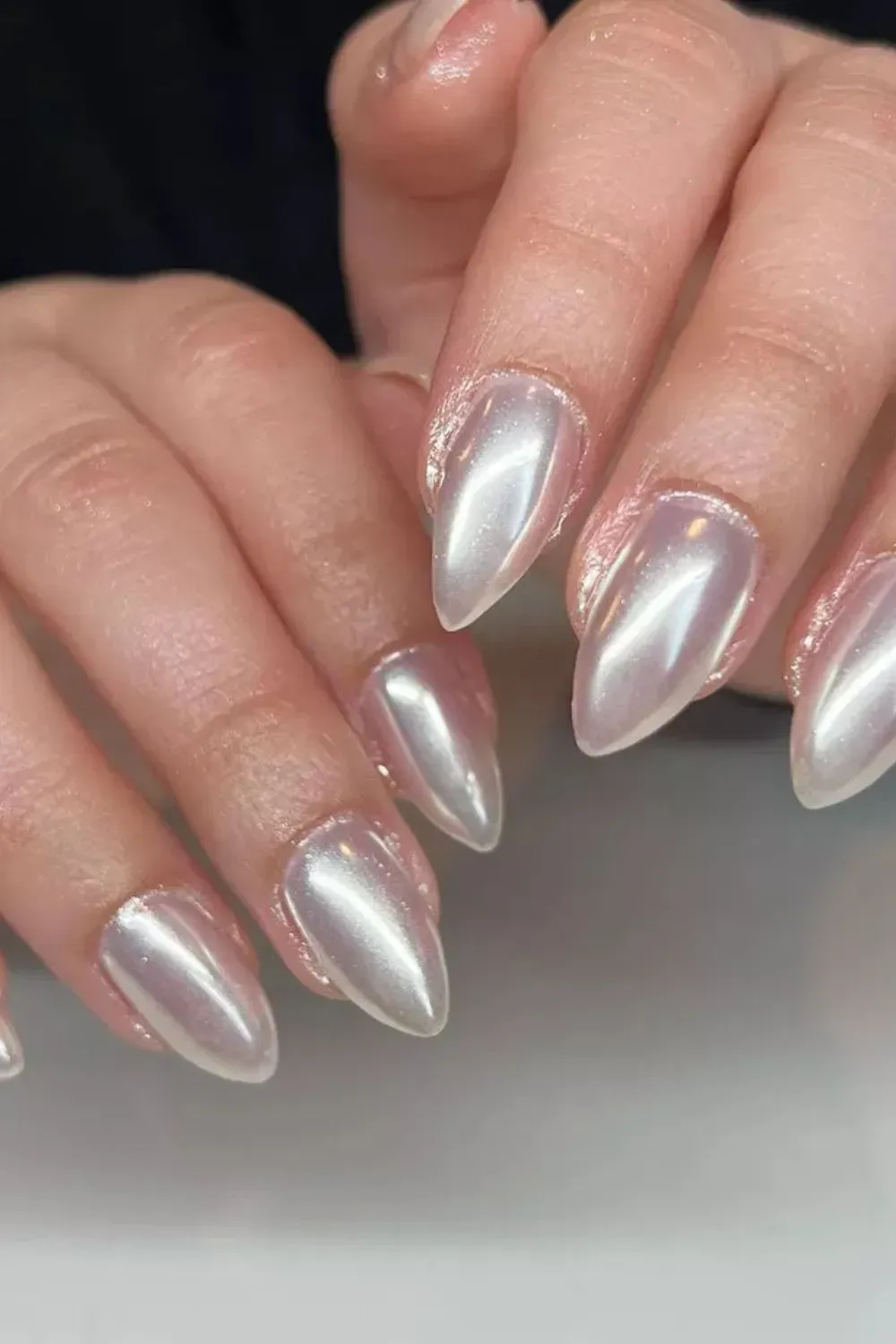 White Glazed Pearl Nails - White stiletto nails with high-shine pearl chrome