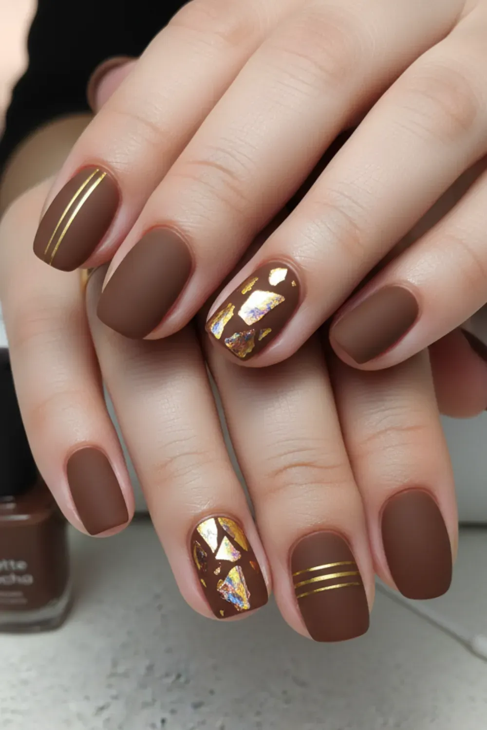 Gold Accents Nails - Matte brown nails with elegant gold foil accents and stripes, offering a chic and sophisticated manicure with a luxurious touch