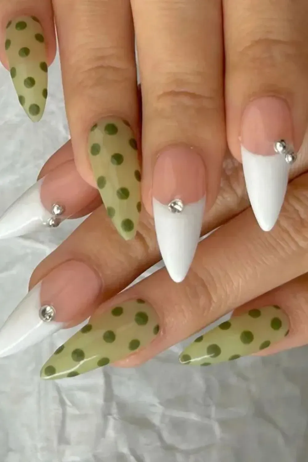 Matte Green Polka Dot Nails with French Tips - Almond nails with matte green dots and sharp white French tips