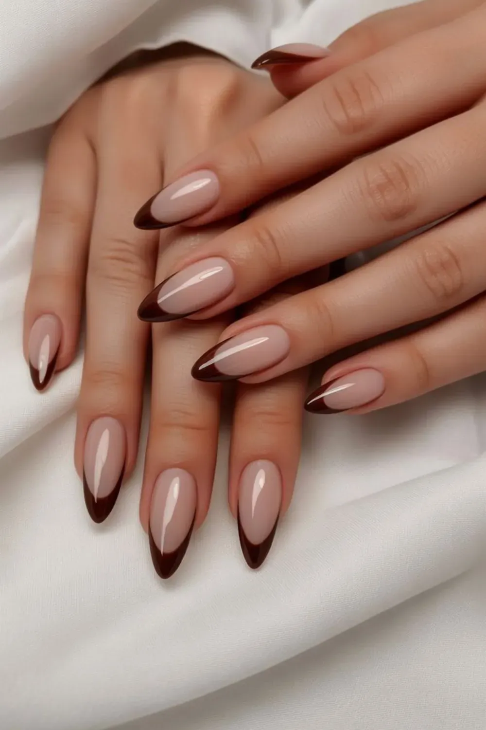 Neutral French Tips Nails - Classic French tips with brown instead of white, creating a modern twist on the traditional look for an elegant fall-inspired style