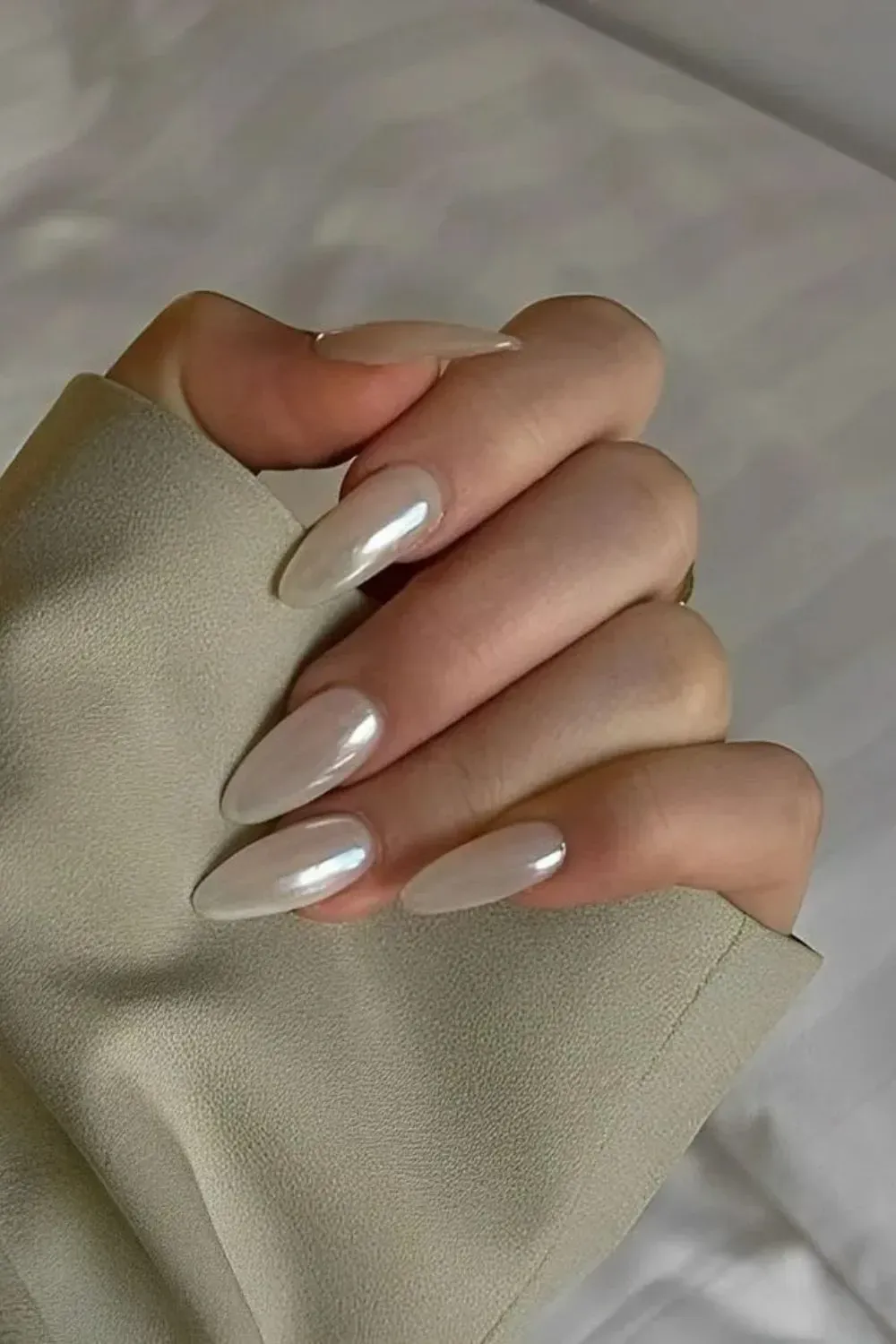June Pearl Birthstone-Inspired Nails - Glossy pearl-toned almond nails with a luminous glow