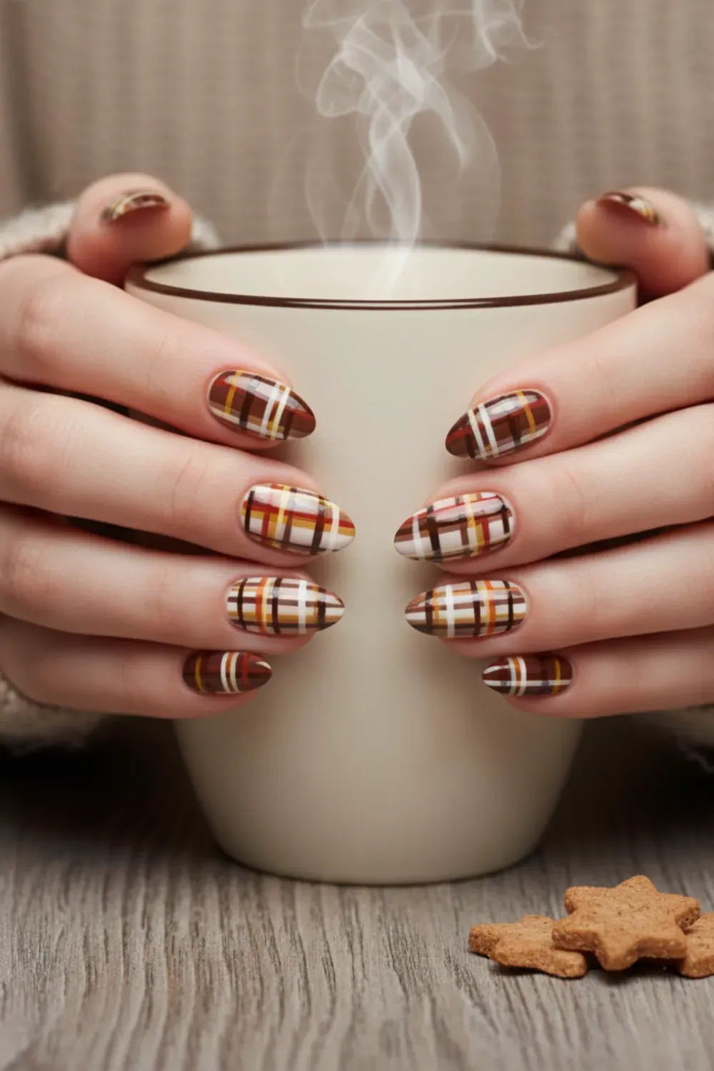 A cozy plaid design using shades of brown, cream, and a touch of red or mustard yellow