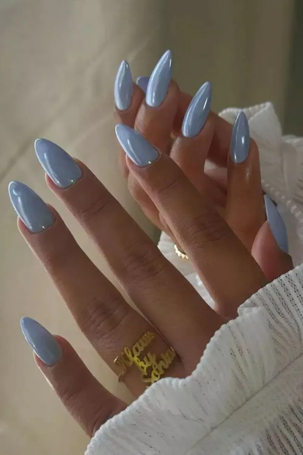 Sky Blue Glossy Nails - Sky blue almond nails with a smooth, glossy finish