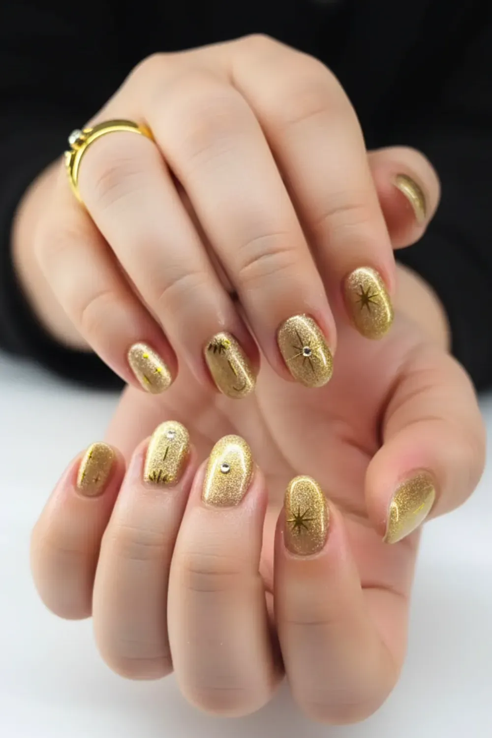 Oval nails with subtle gold glitter and starburst accents.