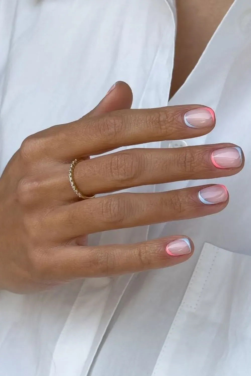 Watercolor French Tip Nails with Accents - Artistic French manicure with watercolor pink and blue accents