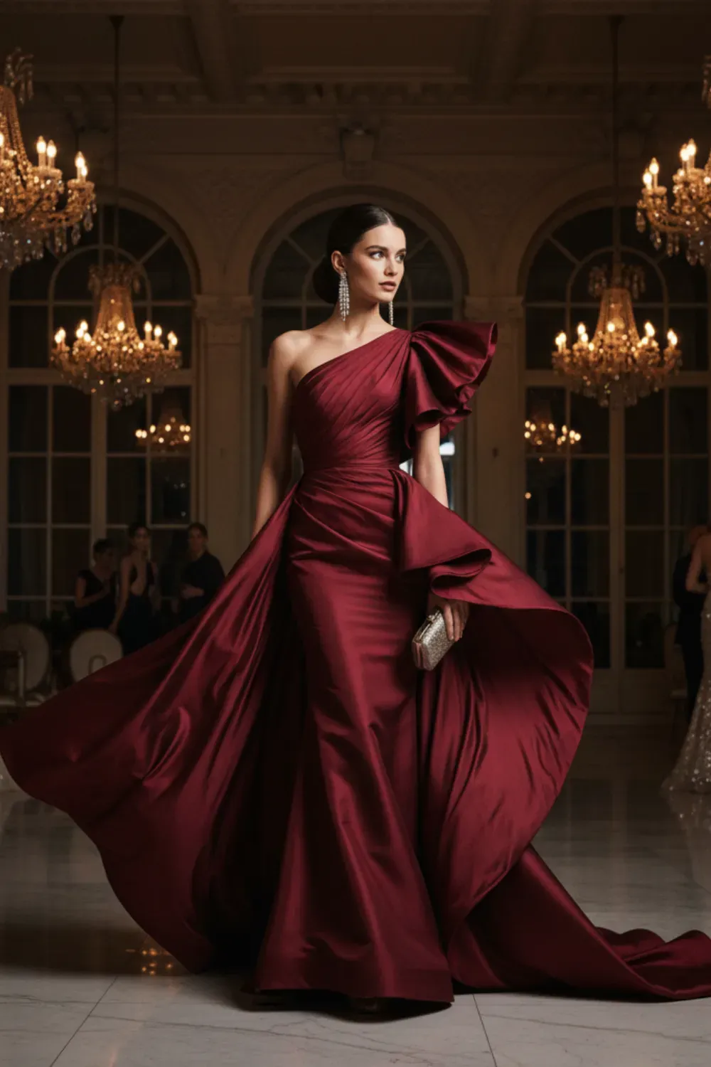 Red carpet one-shoulder burgundy satin gown with dramatic ruffles and long train.