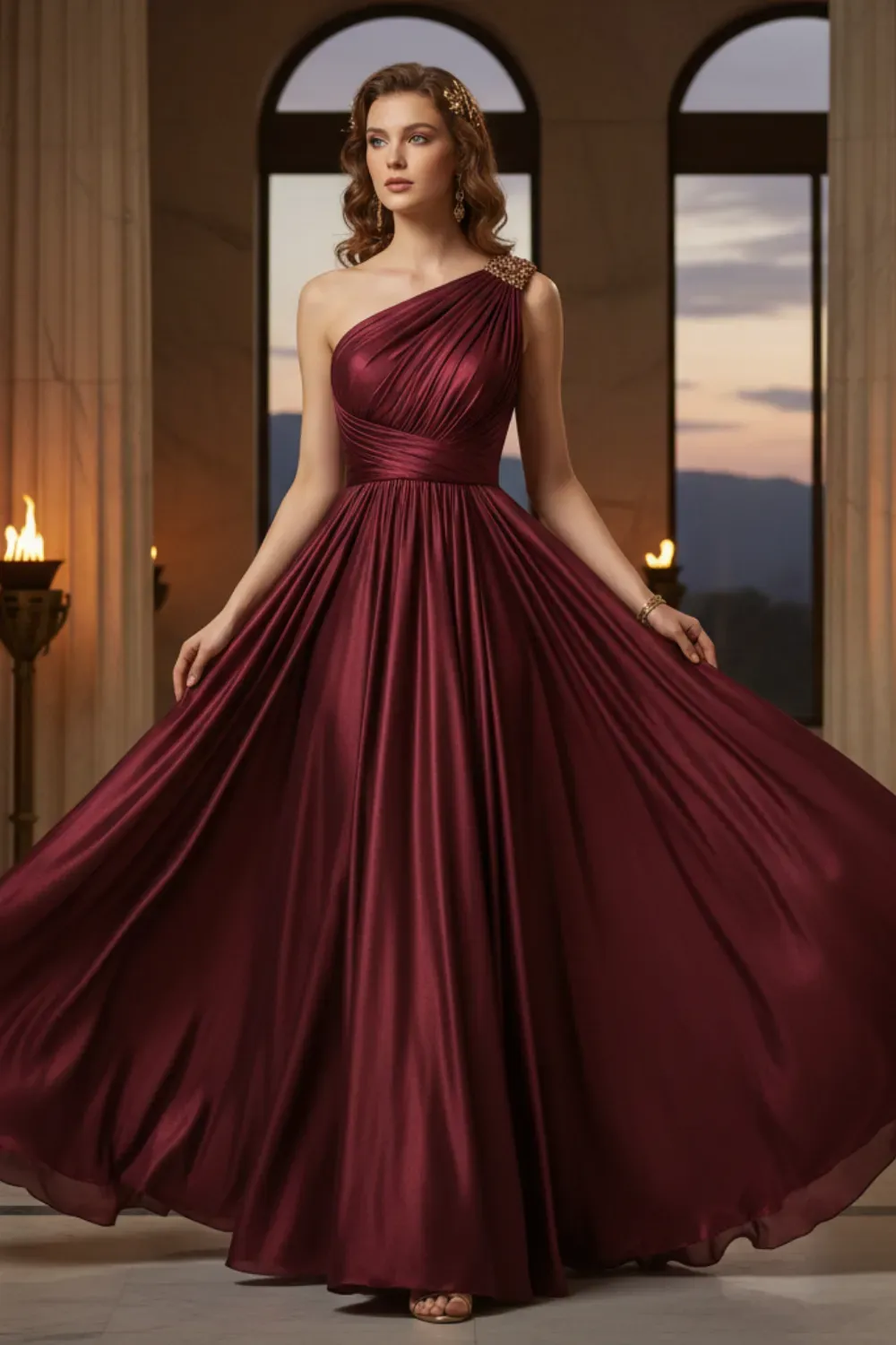 Red carpet one-shoulder burgundy satin gown with pleating and golden embellishment.