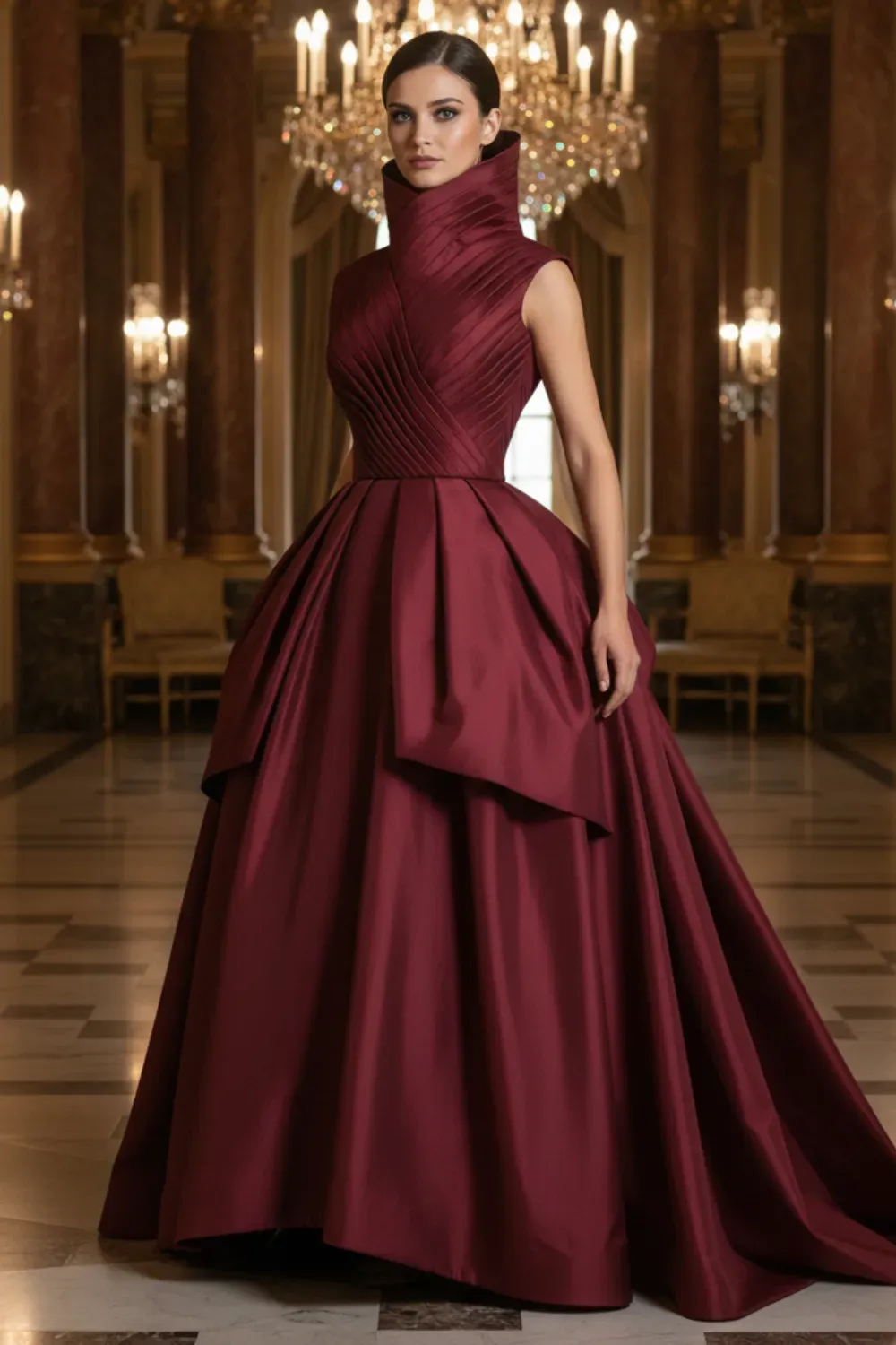Red carpet sleeveless burgundy ball gown with high collar and voluminous pleated skirt.