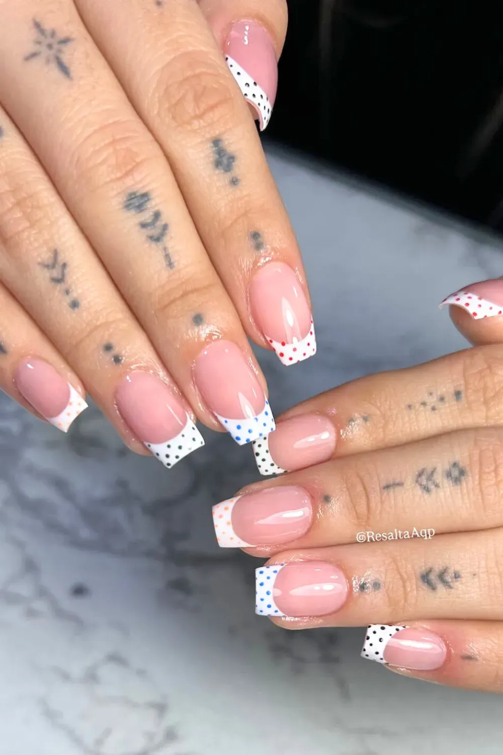 Playful Polka Dot Square French: Square nails with white French tips adorned with colorful polka dots
