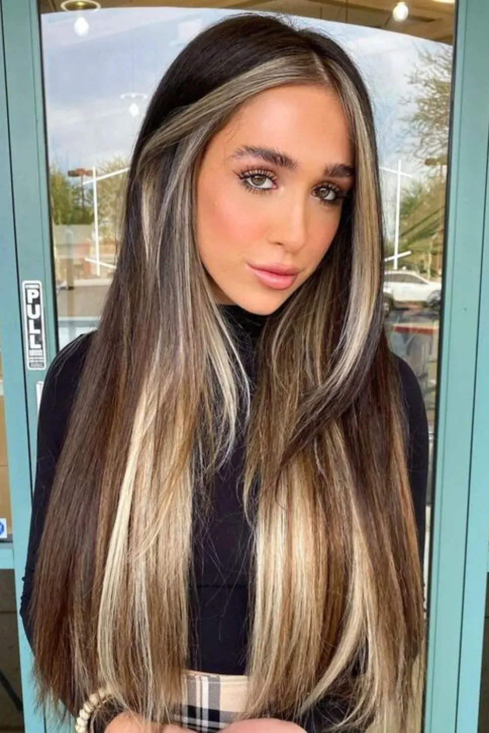 Wide Streaks/Blonde Money Piece	Woman with long, straight dark hair featuring wide, bold streaks of blonde and caramel highlights around the face.