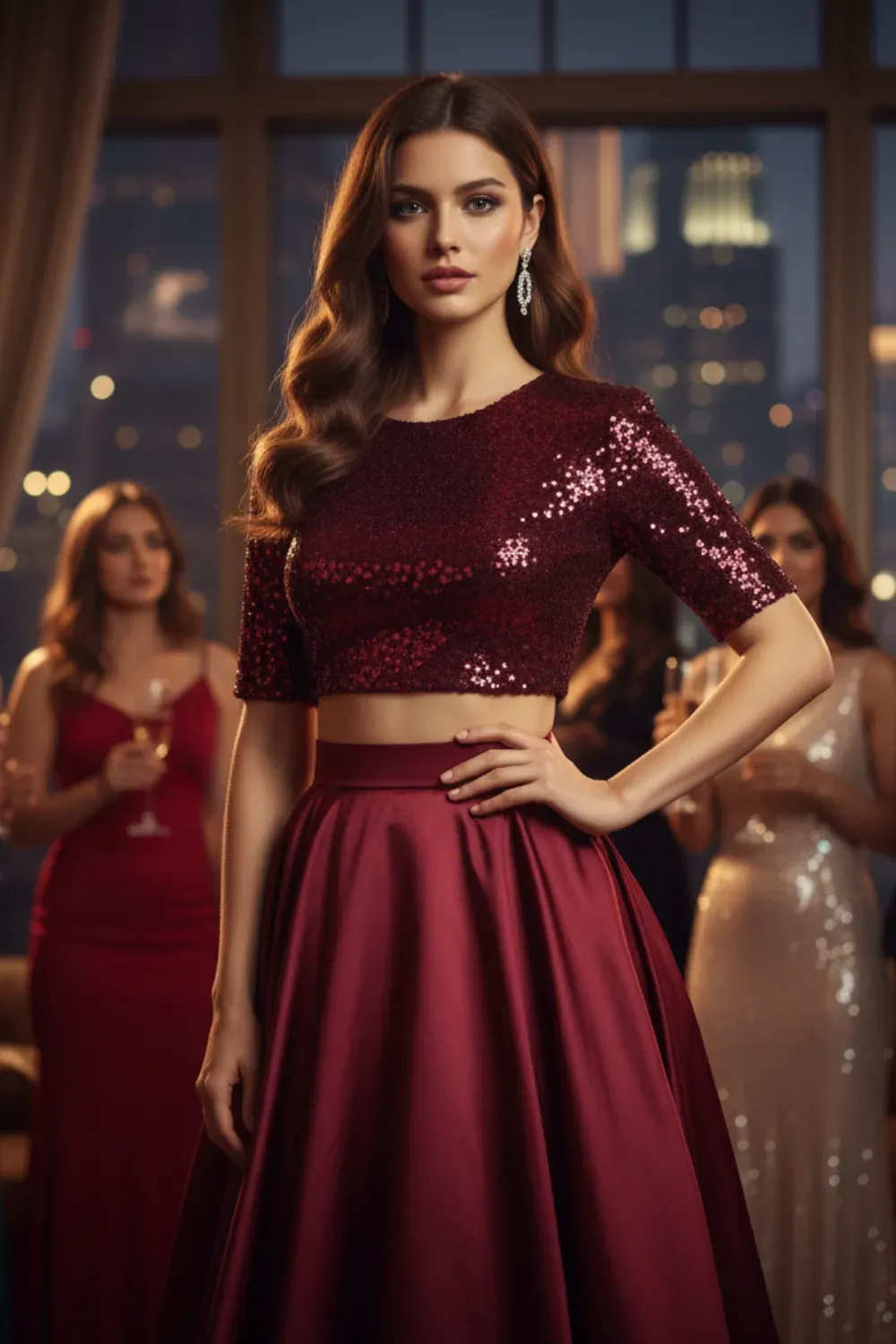 Party two-piece burgundy sequin crop top and high-slit satin maxi skirt.