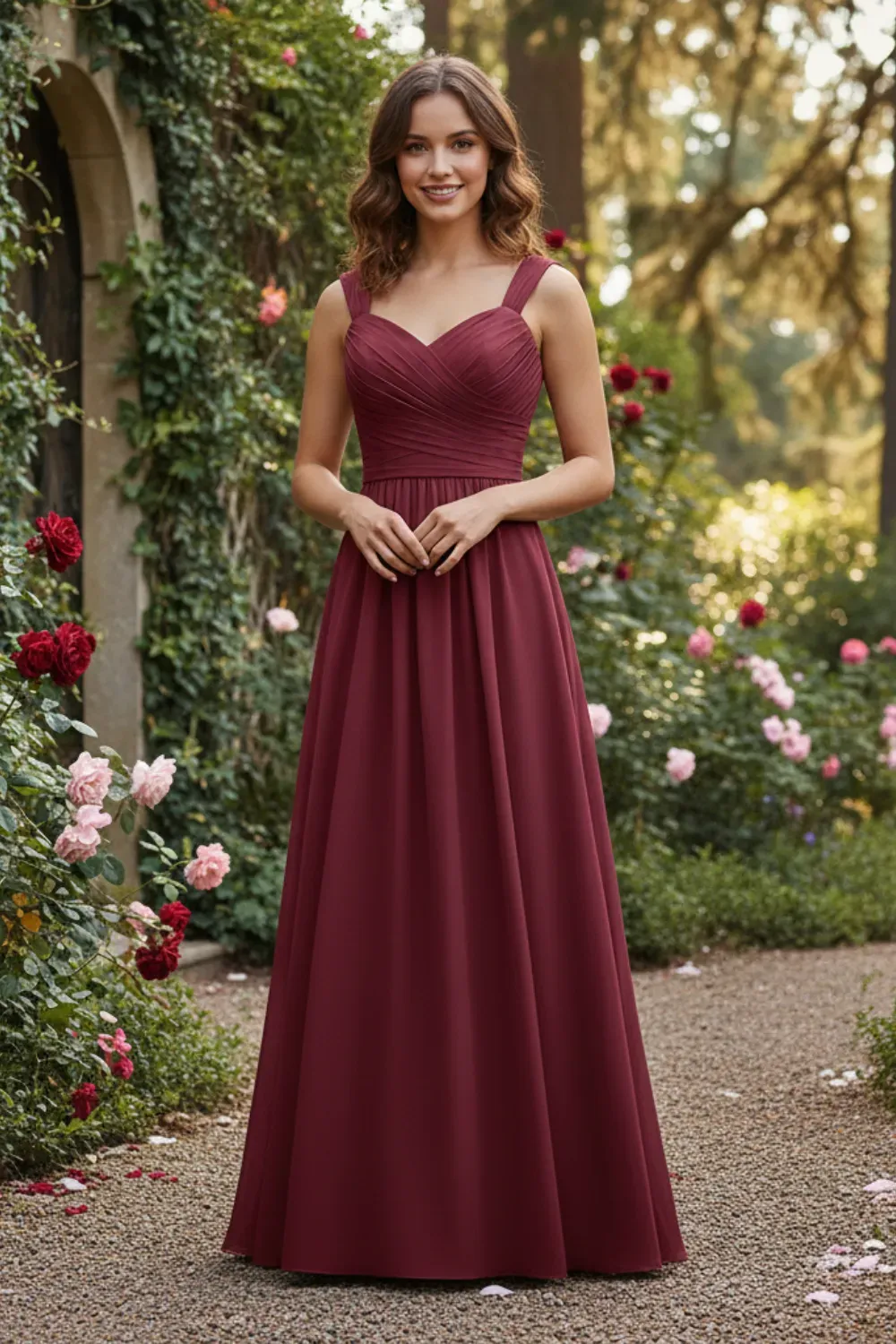 Bridal full-length burgundy chiffon gown with sweetheart neckline and pleats.