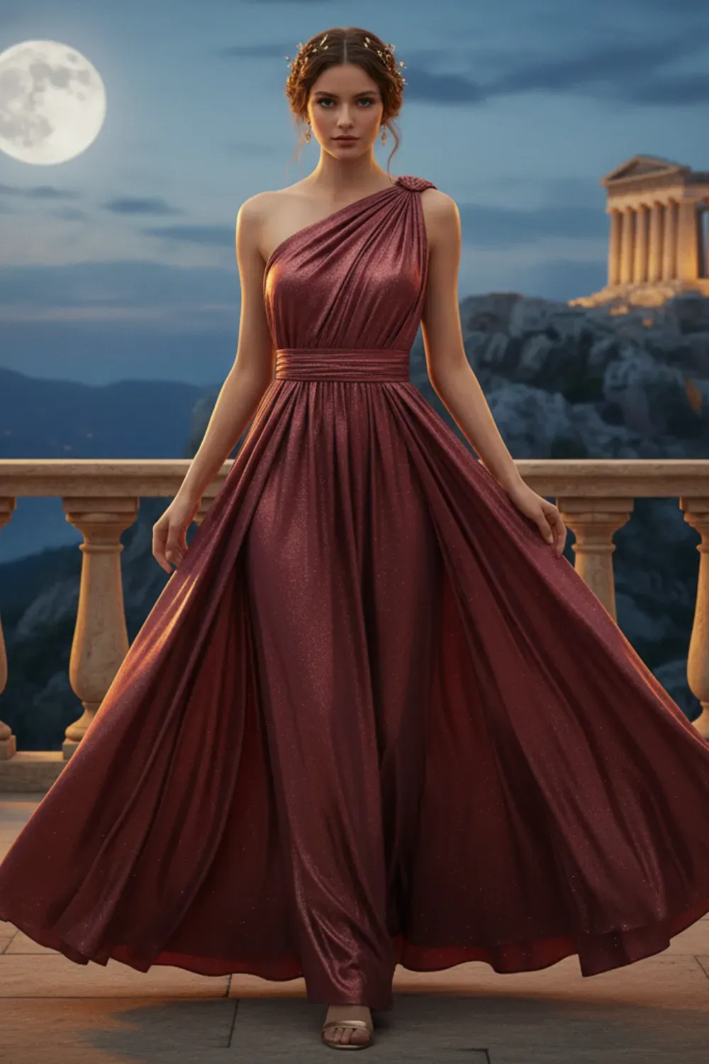 Red carpet one-shoulder shimmering burgundy pleated gown, set against a moonlit backdrop.
