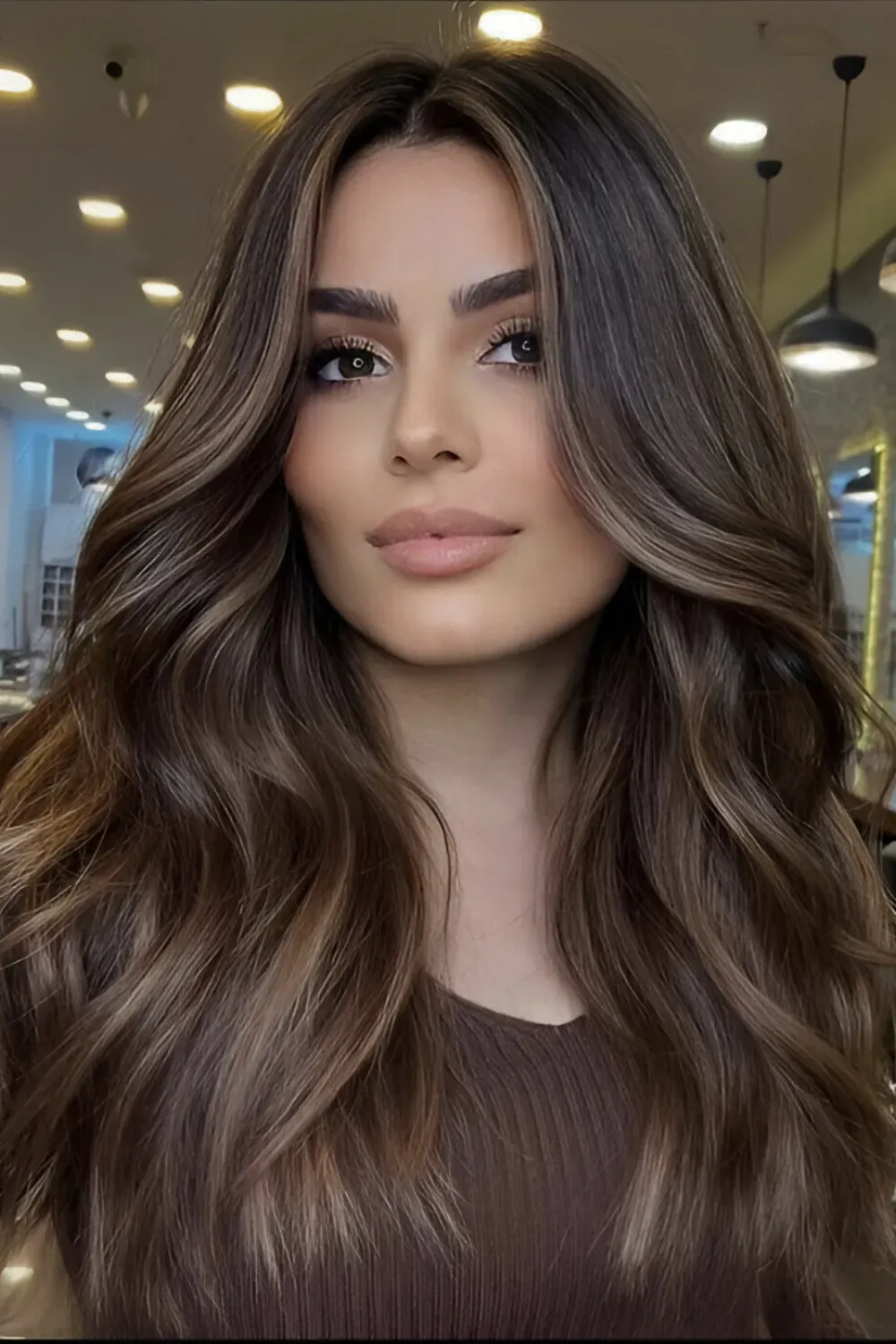 Elegant Caramel Face Frame on Voluminous Curls	Woman with long, voluminous curls and a softly blended, elegant caramel face-framing highlight.