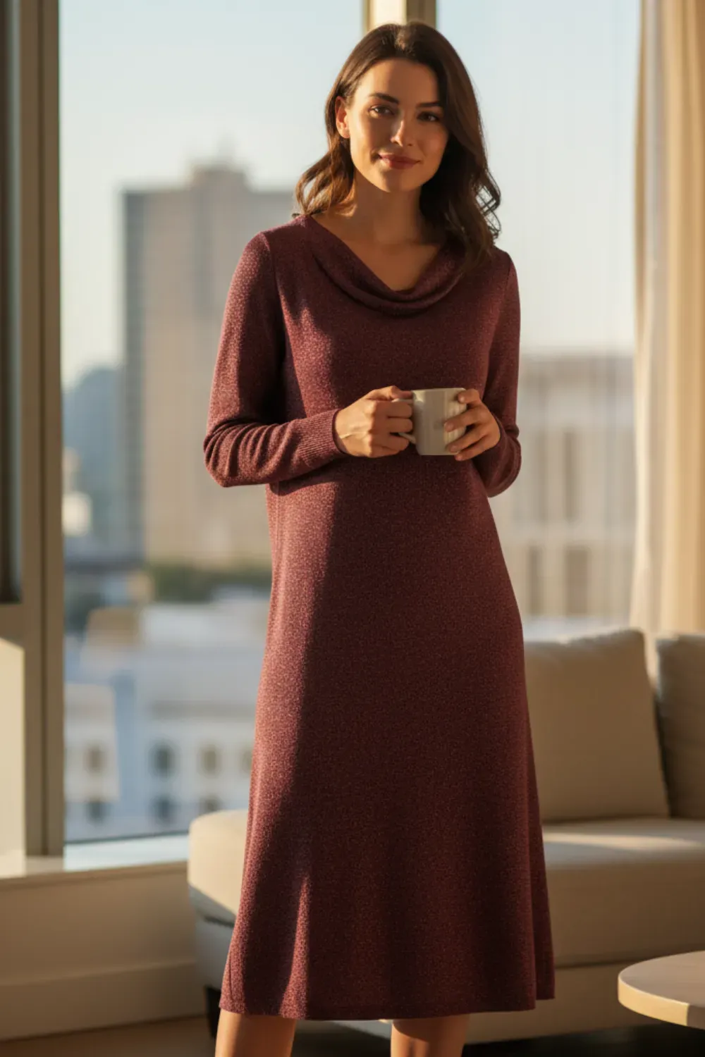Party midi-length burgundy knit dress with cowl neck and long sleeves, with subtle shimmer.