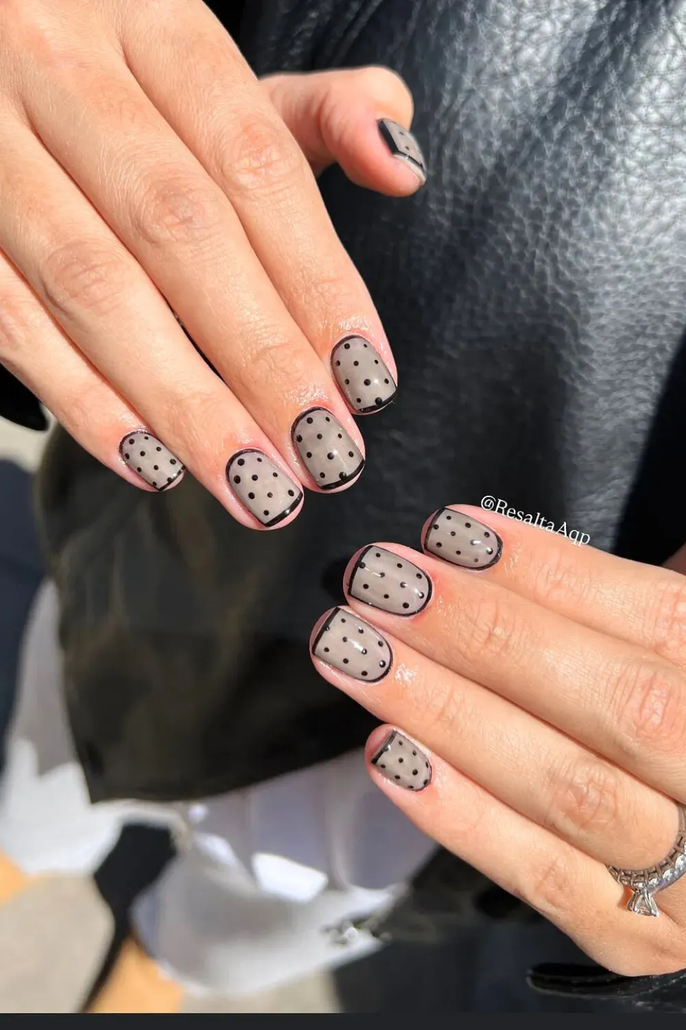 Sheer Black Outline Polka Dot Nails - Short square nails with a sheer black base, solid black polka dots, and a thin black outline border.