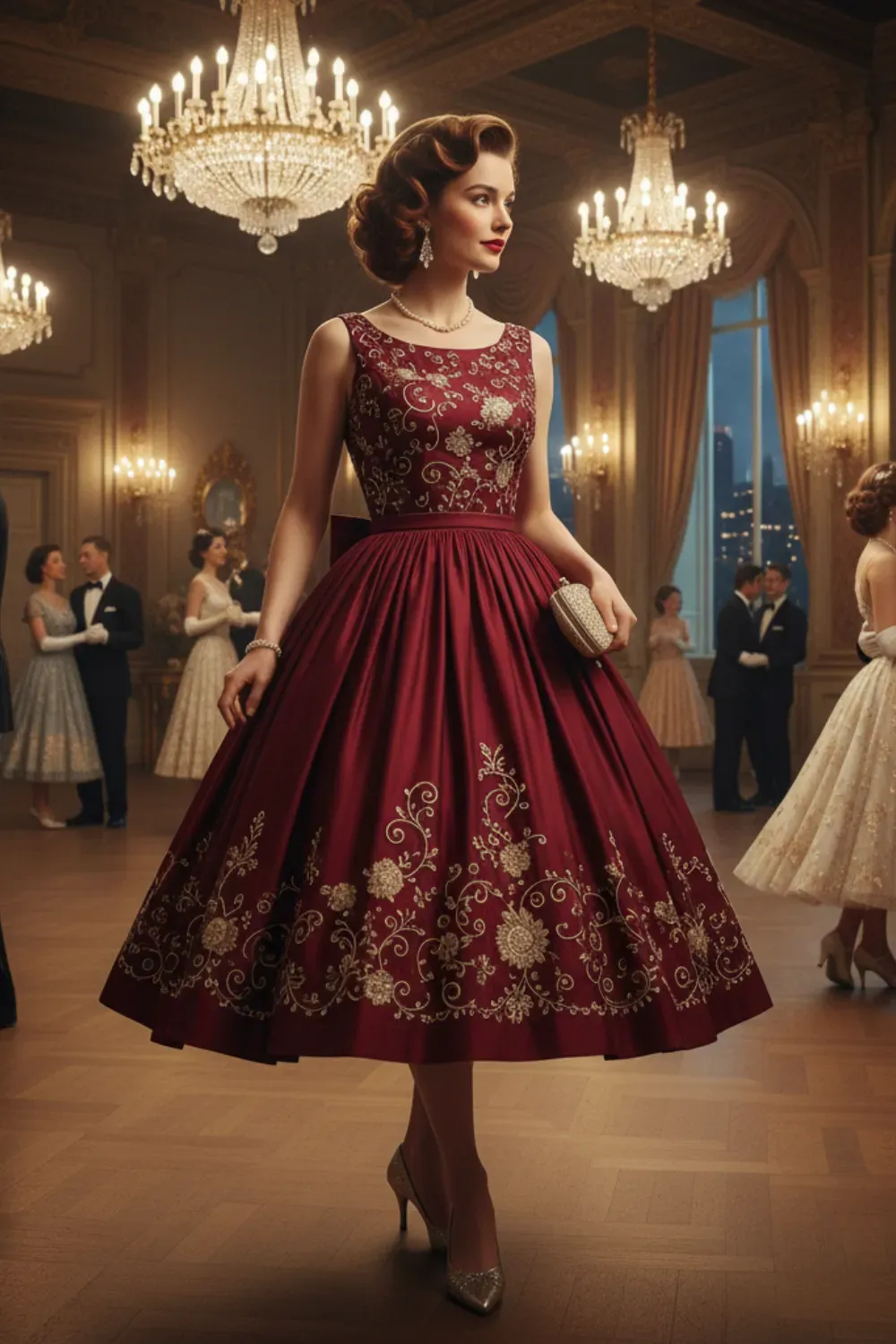 Party midi-length burgundy satin dress with gold embroidery and full skirt.