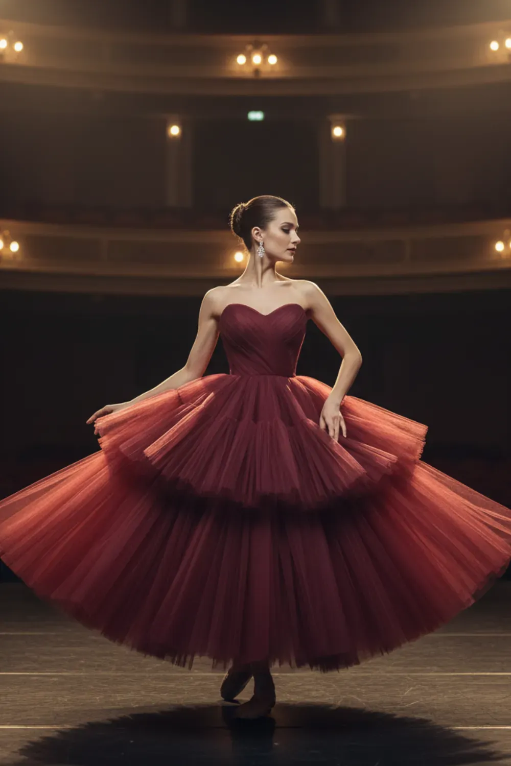 Red carpet heart-neckline burgundy tiered tulle ball gown