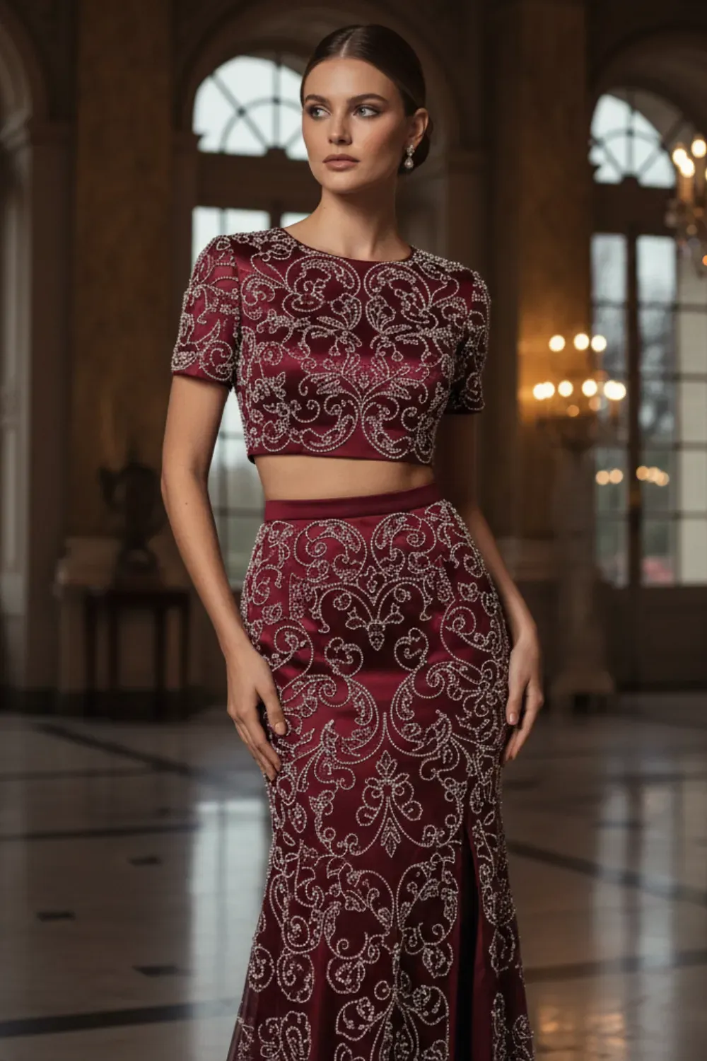 Party two-piece burgundy crop top and mermaid skirt, both intricately embellished