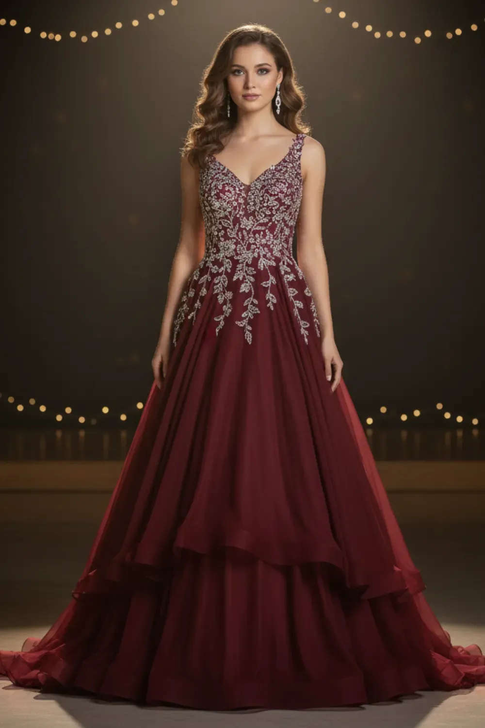 Red carpet sleeveless burgundy ball gown with heavily beaded bodice and tiered chiffon skirt