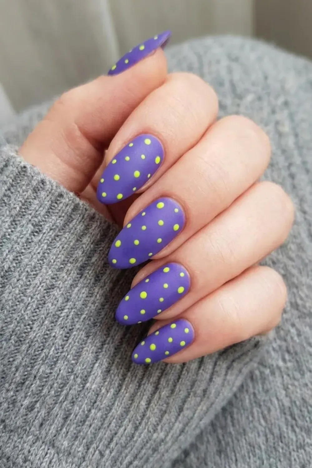 Matte Purple and Lime Green Polka Dot Nails - Matte finish almond nails in a medium purple shade with contrasting bright lime