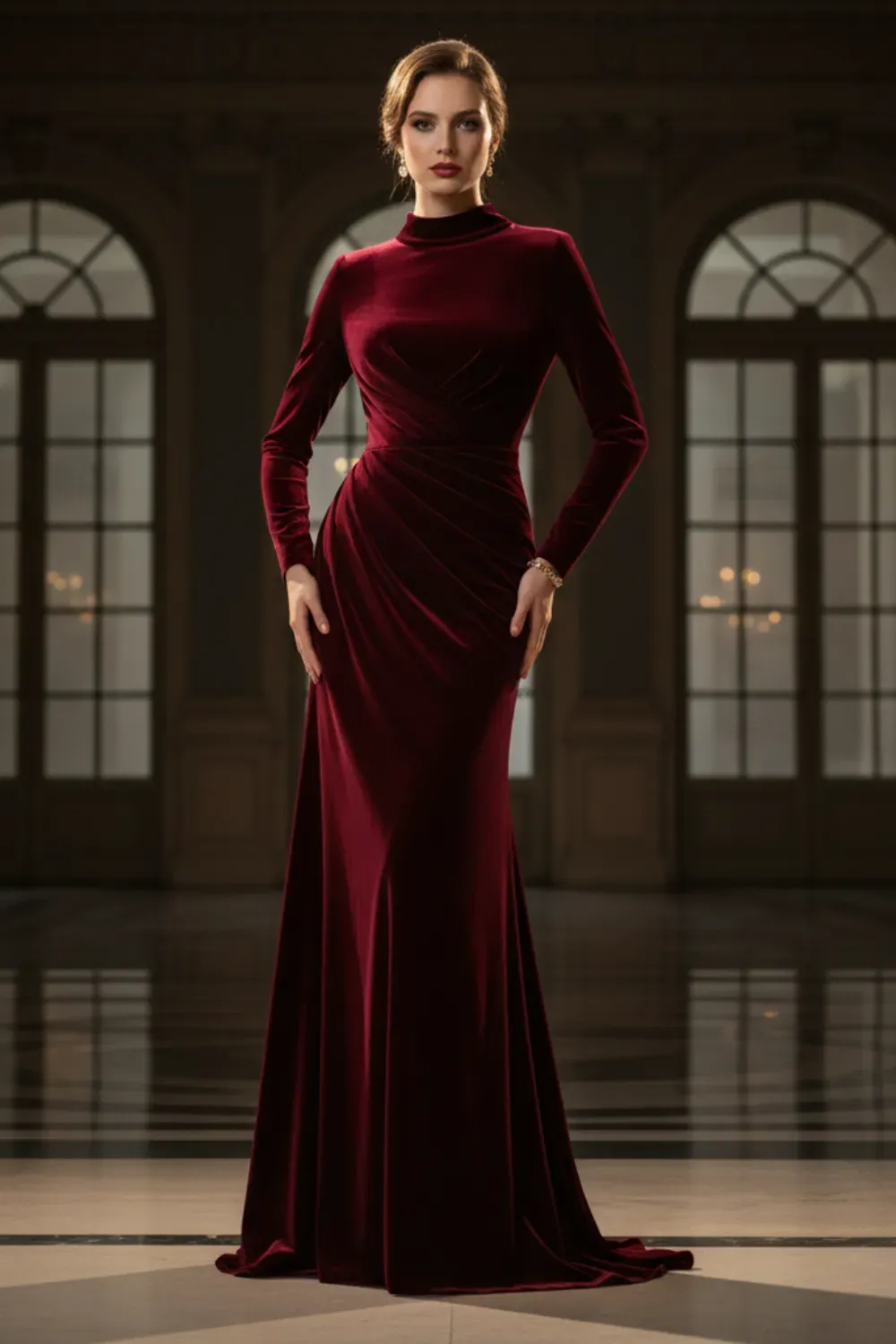 Red carpet long-sleeve, high-neck dark burgundy velvet mermaid gown.