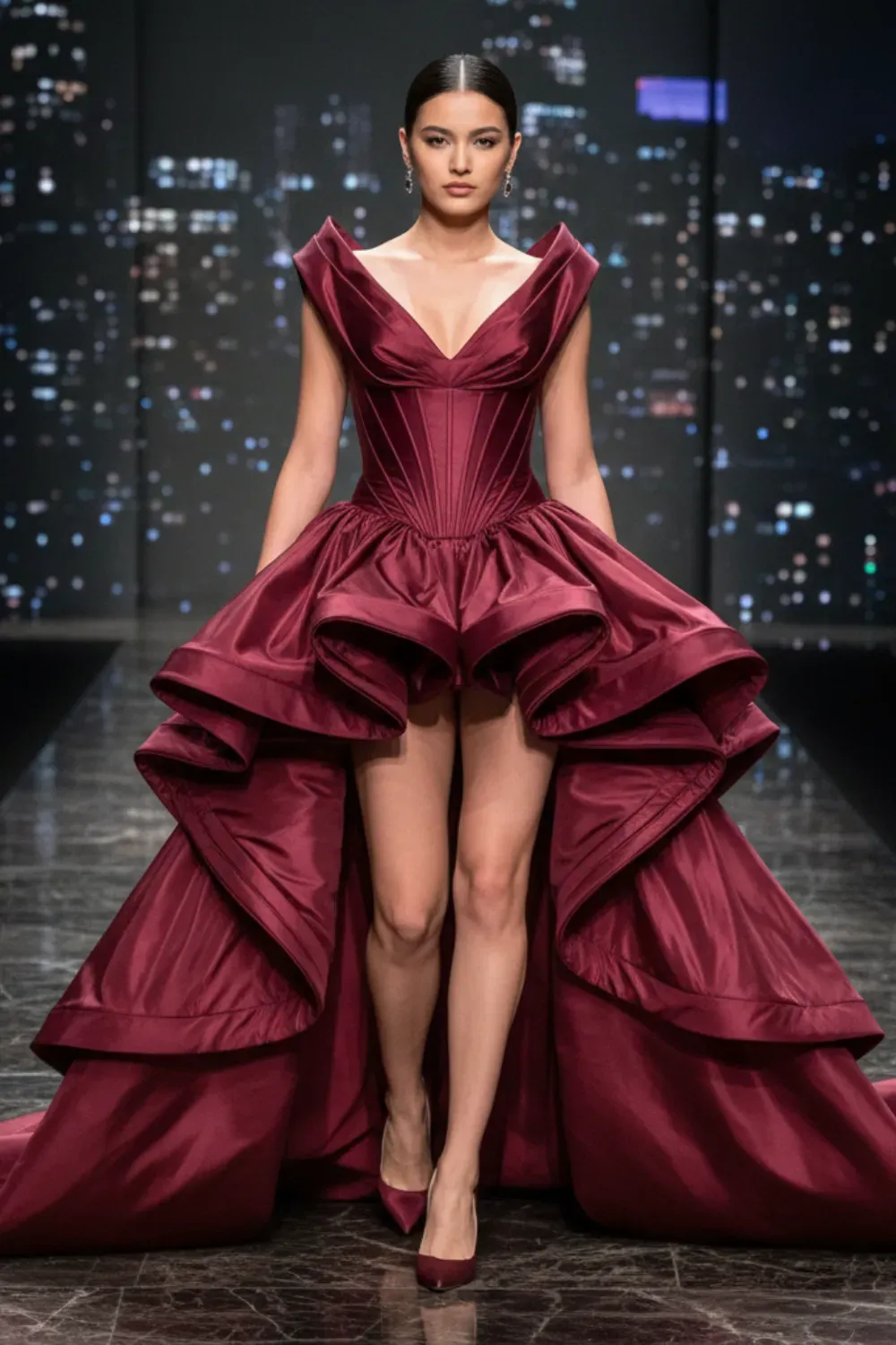Red carpet high-low burgundy tiered gown with structured corset bodice.