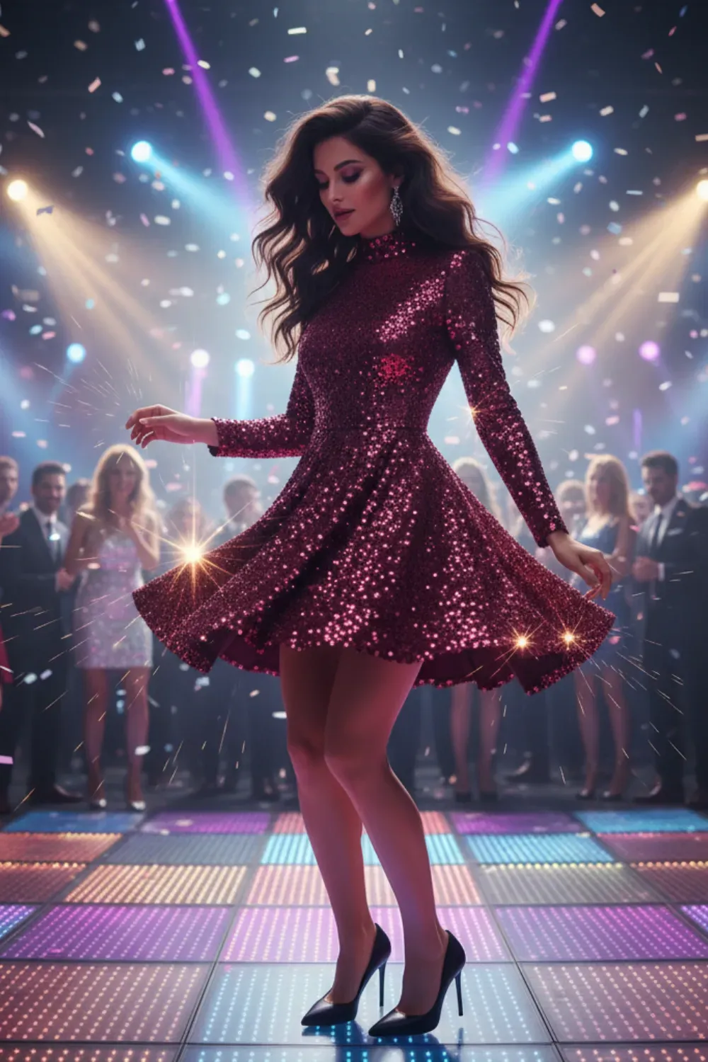 Party long-sleeve burgundy sequin mini dress with a flared skirt.