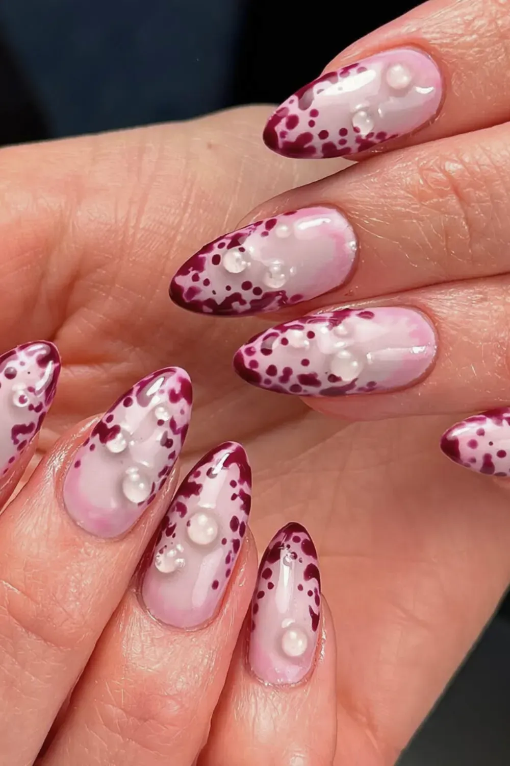 Magenta Wet Look Nails Alt Text: Pink watercolor french tips with 3D clear water droplets.
