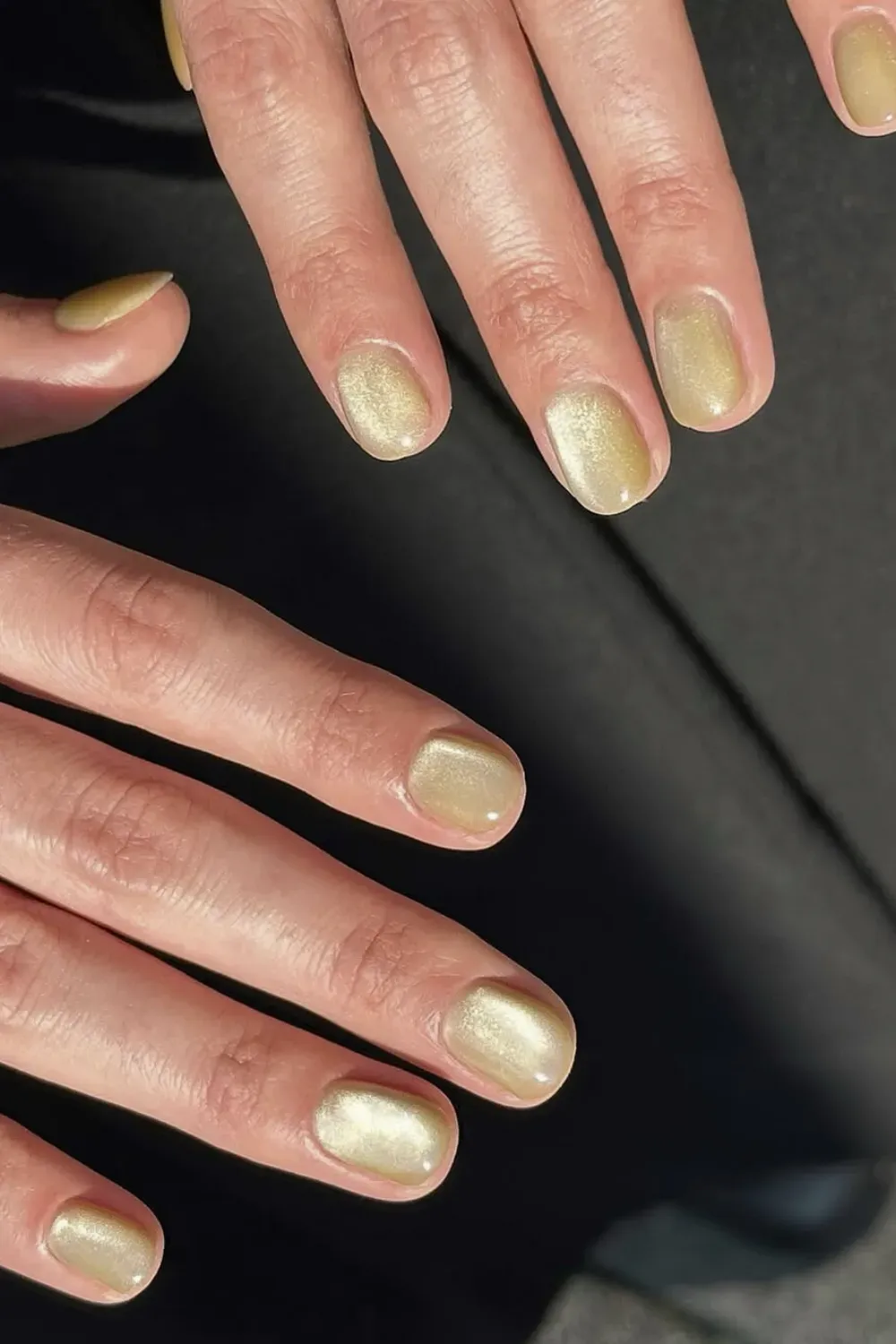 Soft muted gold velvet finish magnetic nails on short natural shape