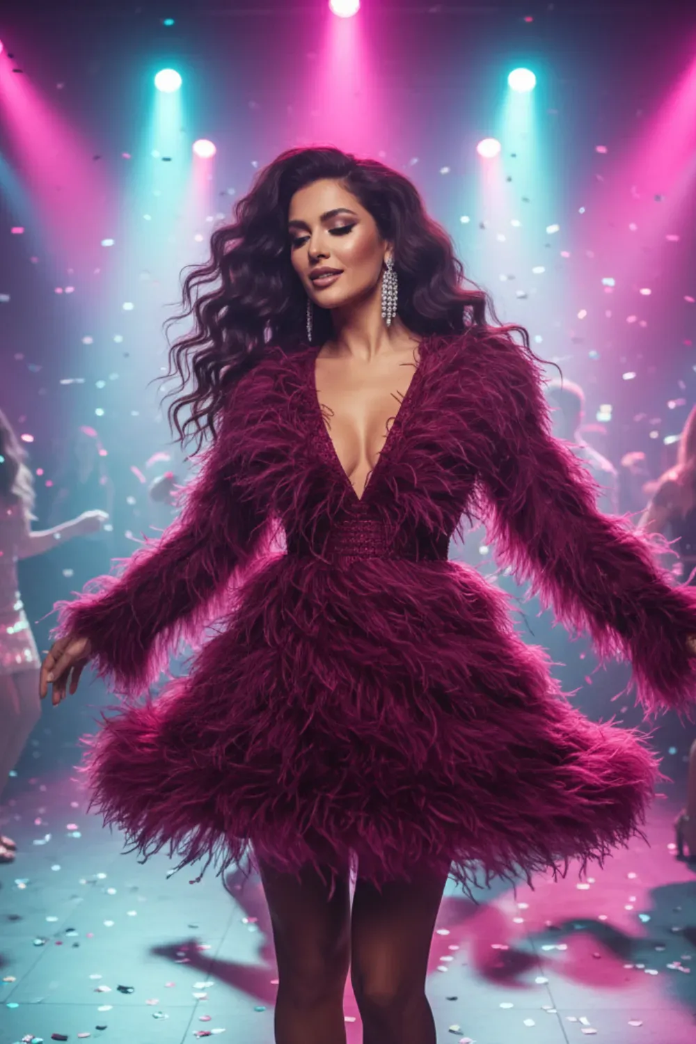 Party deep V-neck burgundy feather mini dress with long feather sleeves