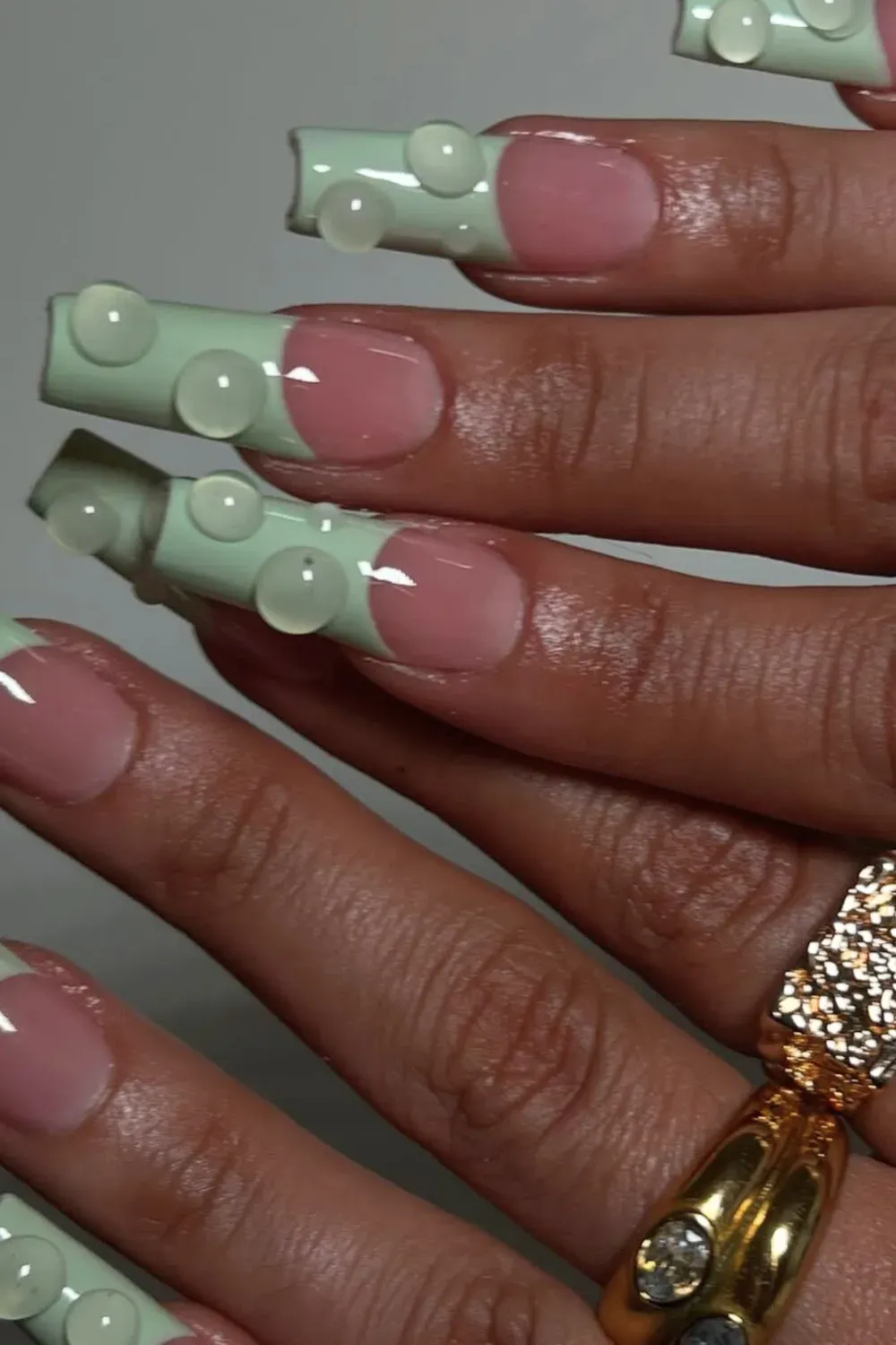 Avant-Garde Mint Green 3D Water Droplet Nails - Extra long square nails with a light mint green deep French tip, accented with clear 3D water droplets.