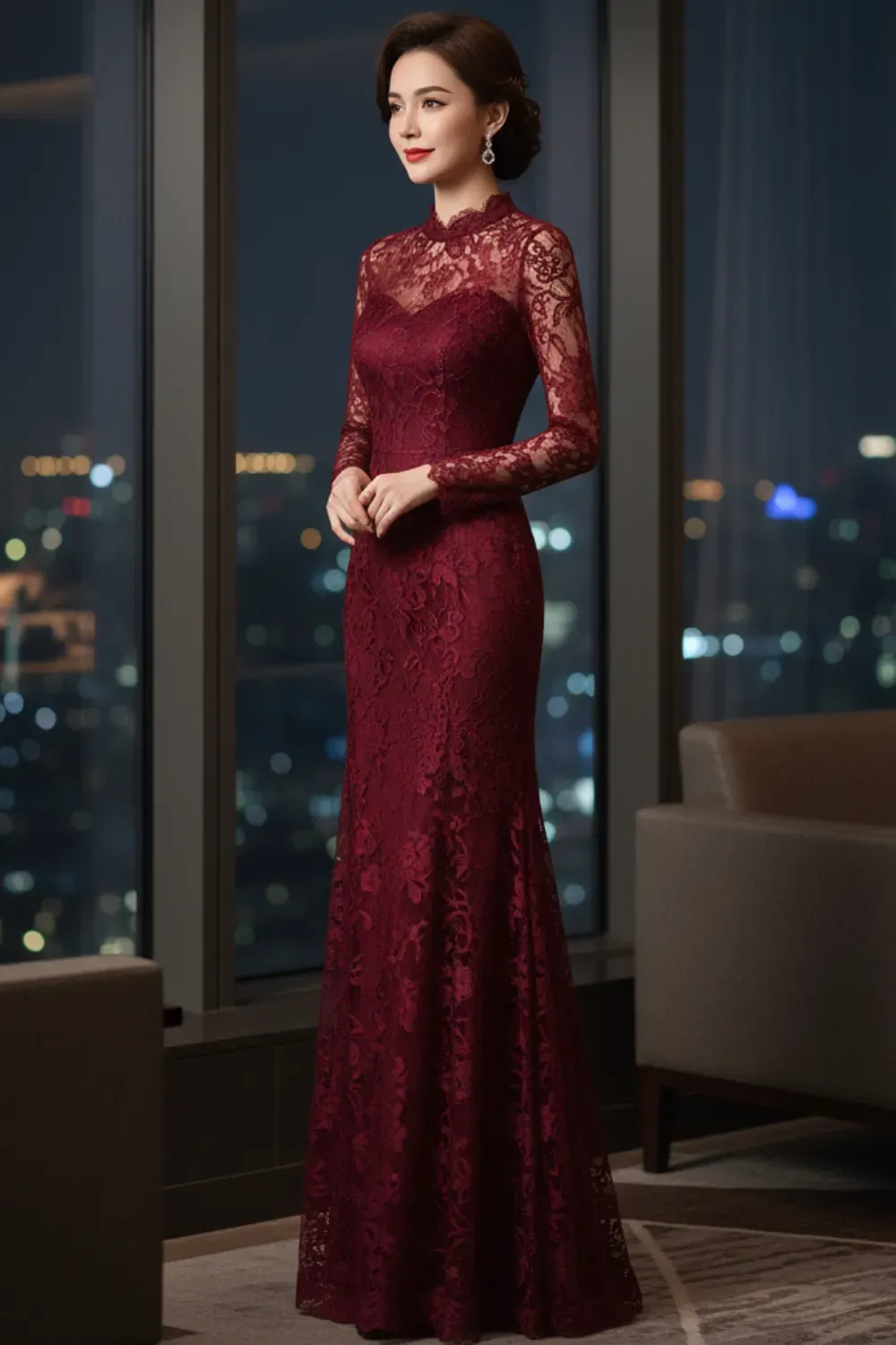 Red carpet long-sleeve, high-neck burgundy lace mermaid dress.