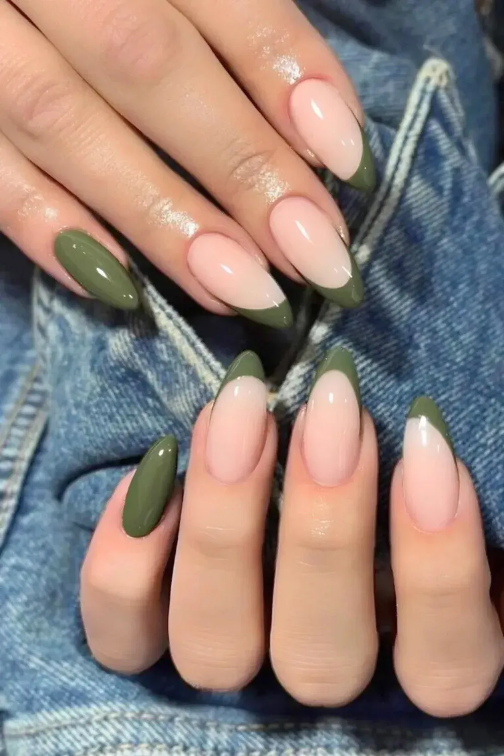Olive Green French Tip and Solid Almond Nails - Long almond nails featuring a mix of solid olive green and sharp olive green French tips over a neutral base.