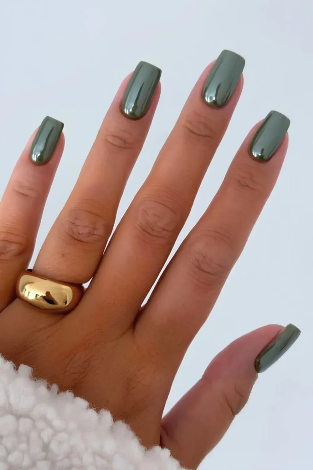 Deep Military Green Chrome Manicure - Medium square nails with a reflective, glossy, deep military green chrome finish.